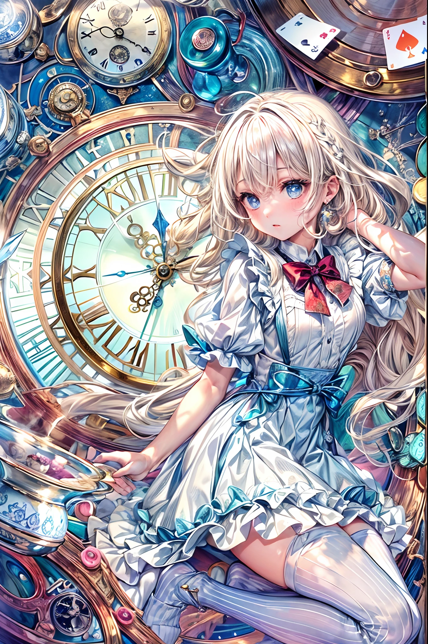 (masuter piece、top-quality、Mystical、Beautifully Aesthetic、Perfect human body balance、offcial art、Impresionismo、von gogh:1.2)、(1 girl in:1.3)、(Fractal Art:1.0)、shinny skin、patterns、(alice in the wonderland:1.2)、(PlayingCards、tea cup、pocket watch:1.3)、(Tie your hair with a ribbon、Blue Dress、a miniskirt、beauty legs、White Apron、white sock、platinum-blonde、Blue eyes)、Exotic wallpapers、highly colorful、Abstract background、Fantastical