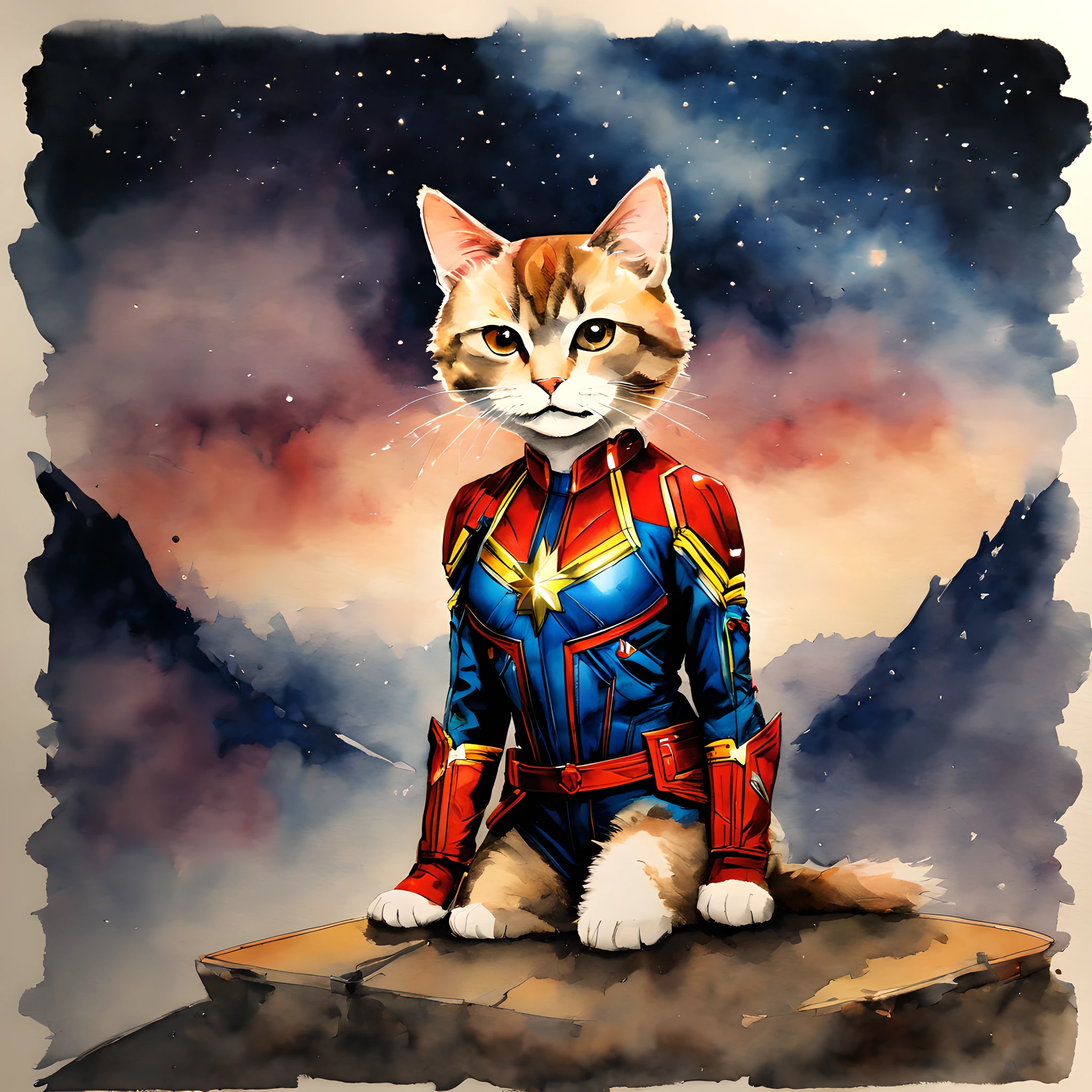 (Goose cat and Captain Marvel:1.5), (Marvel theme:1.5), (ink and watercolor painting:1.5), (Tasteful:1.5), (ink and watercolor painting:1.5), (full color:1.5), 8k, 4k, (landscapes:1.5), (standing at Universe:1.5), (Flerken:1.5),(universe:1.5), (space:1.5),