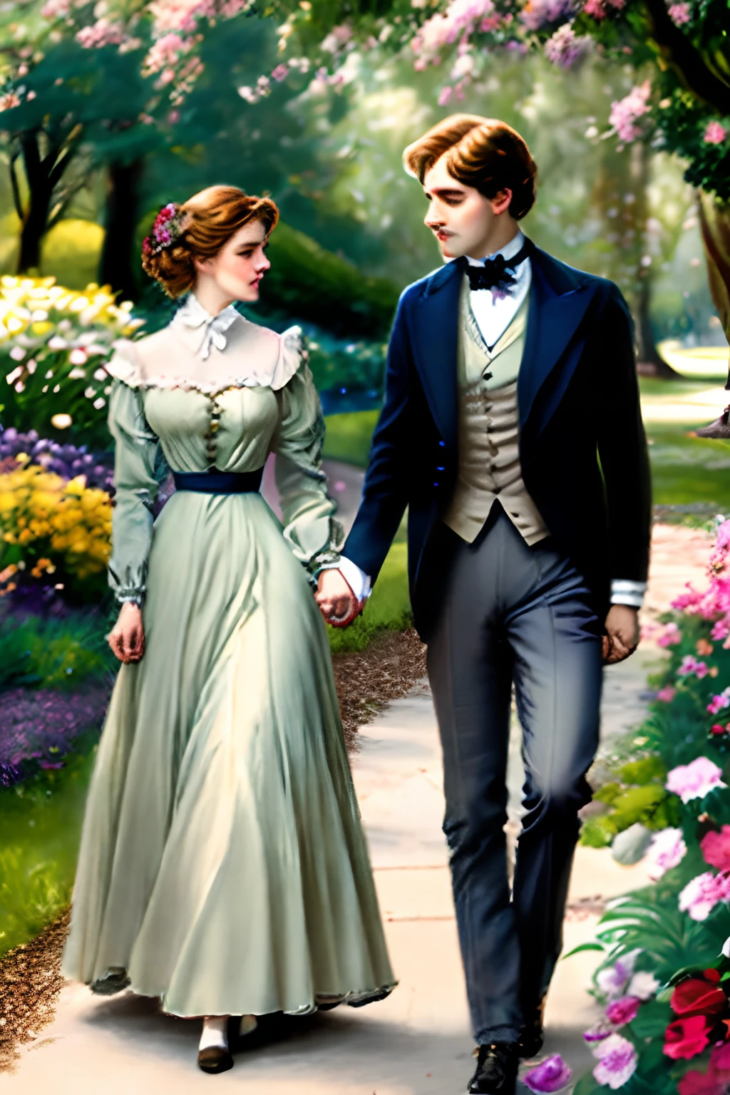 A Charles Dana Gibson-style illustration of a young Victorian couple walking through a park, hand in hand, surrounded by lush greenery and blooming flowers.