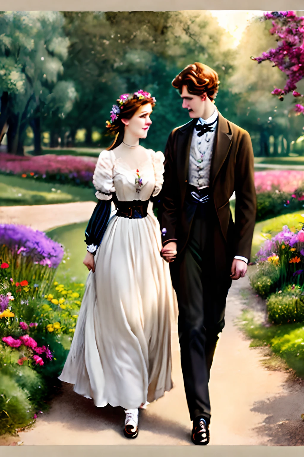 A Charles Dana Gibson-style illustration of a young Victorian couple walking through a park, hand in hand, surrounded by lush greenery and blooming flowers.