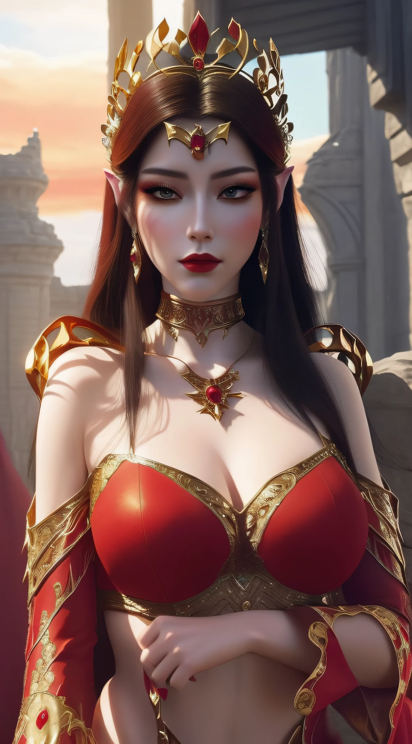 a close up of a woman in a red and gold costume, a beautiful fantasy empress, ((a beautiful fantasy empress)), Beautiful and elegant queen,, a queen, fairy queen, Fantasy art style, Fantasy Woman, Epic fantasy art style HD, Beautiful character painting, beautiful elegant demon queen, Epic fantasy art style, Anime goddess