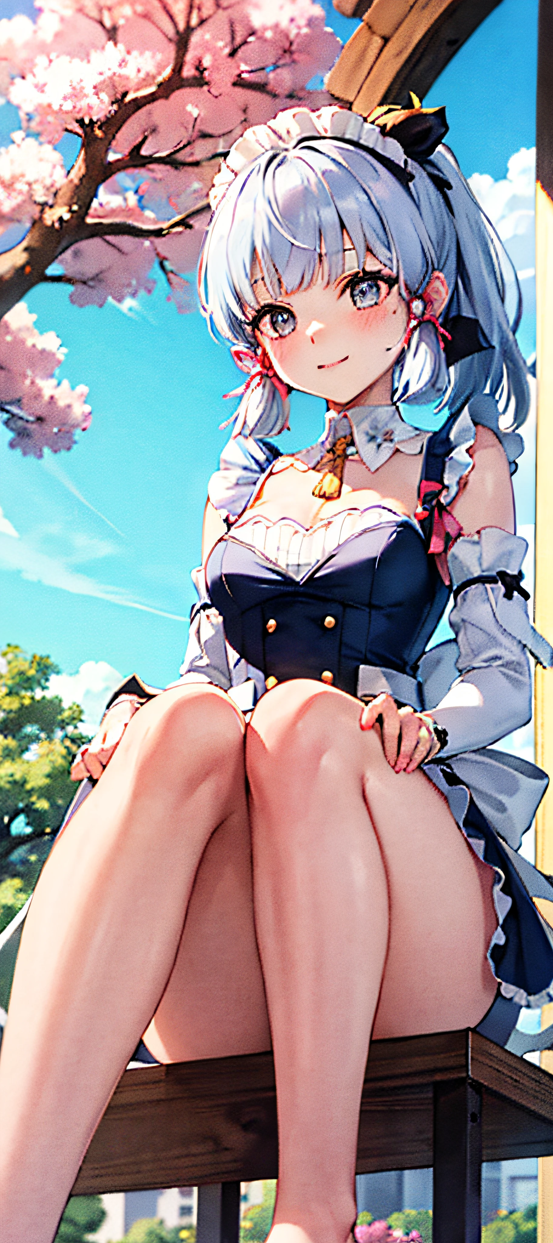 (Masterpiece, 4K, Best quality, Highly detailed, 1girll, Solo, Small breasts, the cherry trees, Outdoors, Close up, maid, maid apronl, maid headdress, Miniskirt, Bare legs, bare shoulders, Detached sleeves, Sitting, full bodyesbian, ass visible through thigh, From below), Barefoot, Blush, Light smile, Kamiasto ayaka, Blunt bangs, Hair Bow, Hair ribbon, Red ribbon, Light blue hair, With gray eyes, Moles under eyes, pony tails,