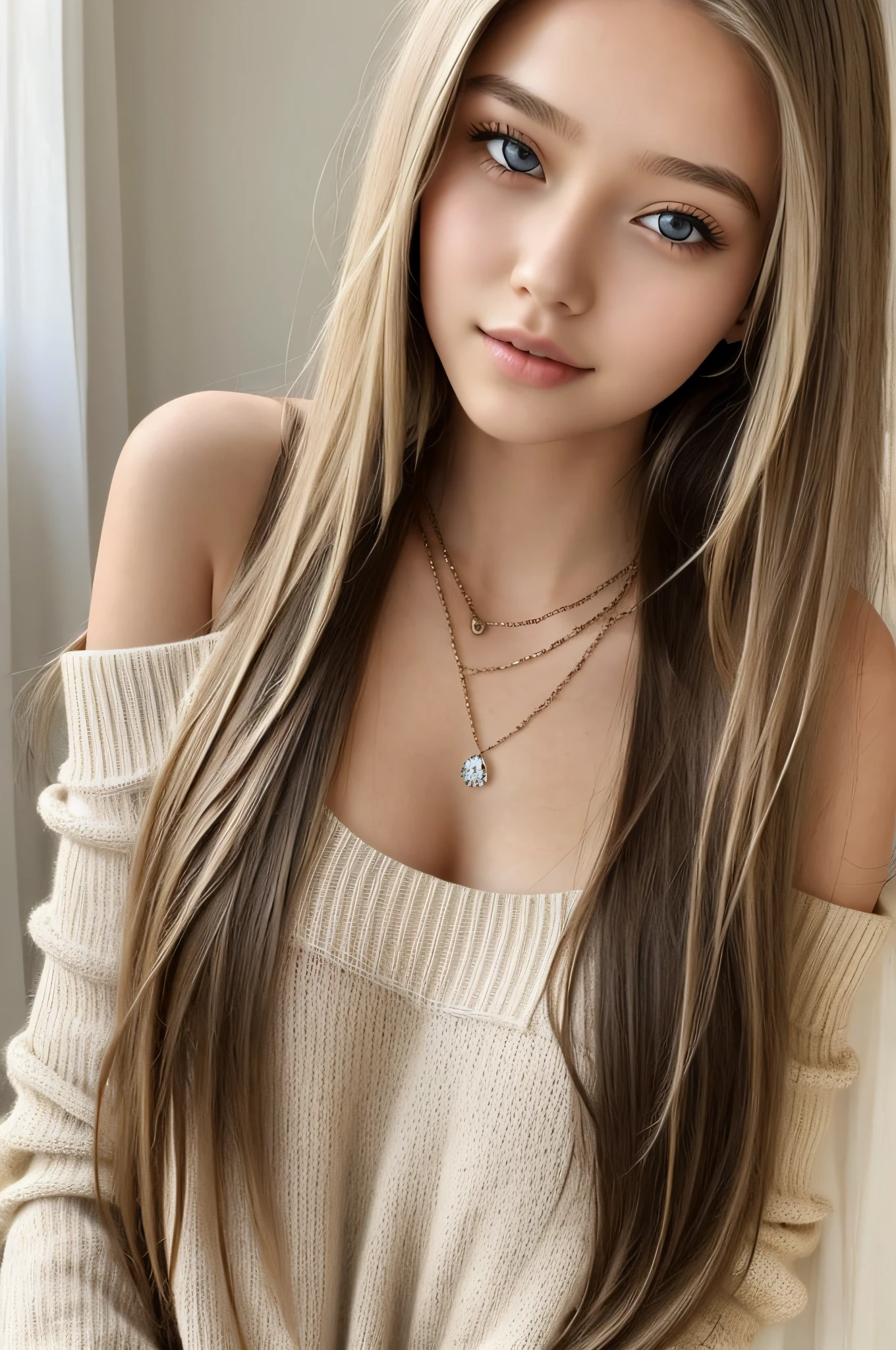1girl in, 19, Solo, Long hair, Colossal tits, Looking at Viewer, blondehair, Bare shoulders, Brown eyes, jewely, Full body, a necklace, off shoulders, Sweaters, Realistic, A sexy、Crystal clear skin
