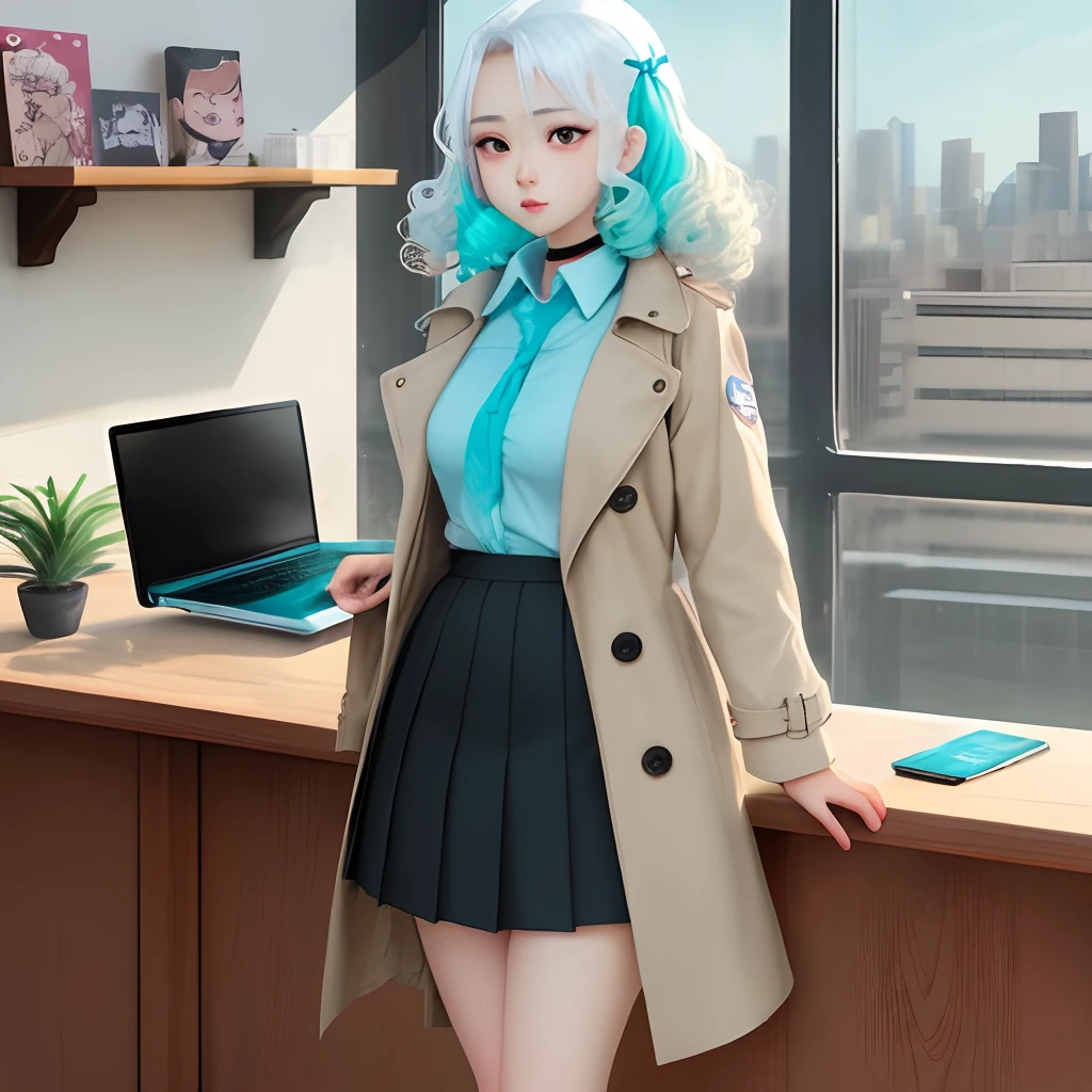 architect，schoolgirls，full bodyesbian，Off-white hair，There is a large black bag-shaped hairpin，Q printmaking style，Q version，Manhwa Style，Japanese manga style，adolable，There are curls at the ends，Turquoise eyes，Beige trench coat，Cyan collar，A laptop in hand，There are legs，Q version，with a round face，largeeyes，cartoony，Moe version