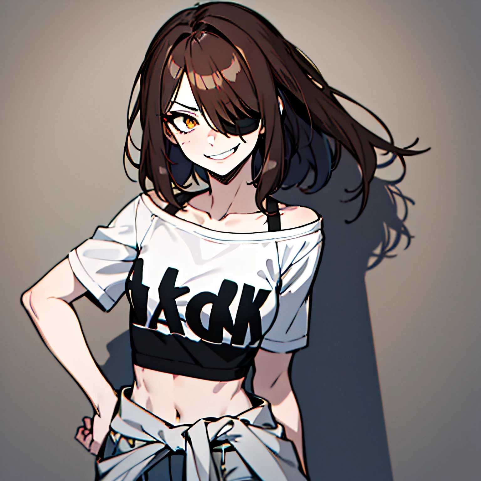 (absurdres, 8k, 4k, masterpiece, hyper extreme detailed:1.2), solo, 1girl, front view, portrait, best quality, expressive eyes, perfect face, 1girl, portrait, solo, standing, Female, toned body, mature female, small breasts, pale, hair covering one eye, dark brown hair, long hair, eyepatch, sarcastic, snarky, soldier, adult, hazel eyes, shorts, delinquent, sarcastic, white jacket tied around waist, graphic t-shirt, smirk, crazy eyes, messy hair, swept bangs, midriff, hand on head, hand on shoulder, exposed collarbone, exposed left shoulder,