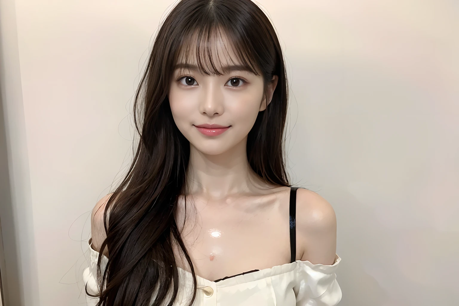 (masutepiece:1.3), High resolution, ultra-detailliert, the Extremely Detailed CG Unity 8K Wallpapers, Realistic, Photorealsitic, Raw photo, beautifull detailed face, pale skin, realistic glistening skin, Detailed Cloth Texture, detailed hair texture, Perfect body, Beautiful face, acurate, Anatomically correct, Highly detailed face and skin texture, Natural neck length, (Beautiful hands), (Fair skin:1.2), thin legs, Thin feet, (Aligned teeth:1.1), BREAK, Detailed eyes, symmetrical eye, Light brown eyes, Double eyelids, Thin eyebrows, (Glossy lips:1.4), ((Shy smile:1.2)), (blush:1.1), BREAK, (Classy and cute girl:1.3), (Wearing an elegant one-shoulder white silk blouse:1.2), (long round skirt of red color,:1.3), medium breasts, (Slender figure:1.1), Firm abs, Beautiful collarbone, (Look up at me with upturned eyes), (Dark blonde hair, Wavy Hair:1.1), ((Long hair:1.2)), ((asymmetrical bangs:1.2)), (upperbody shot:1.2), From above, (Face Focus)