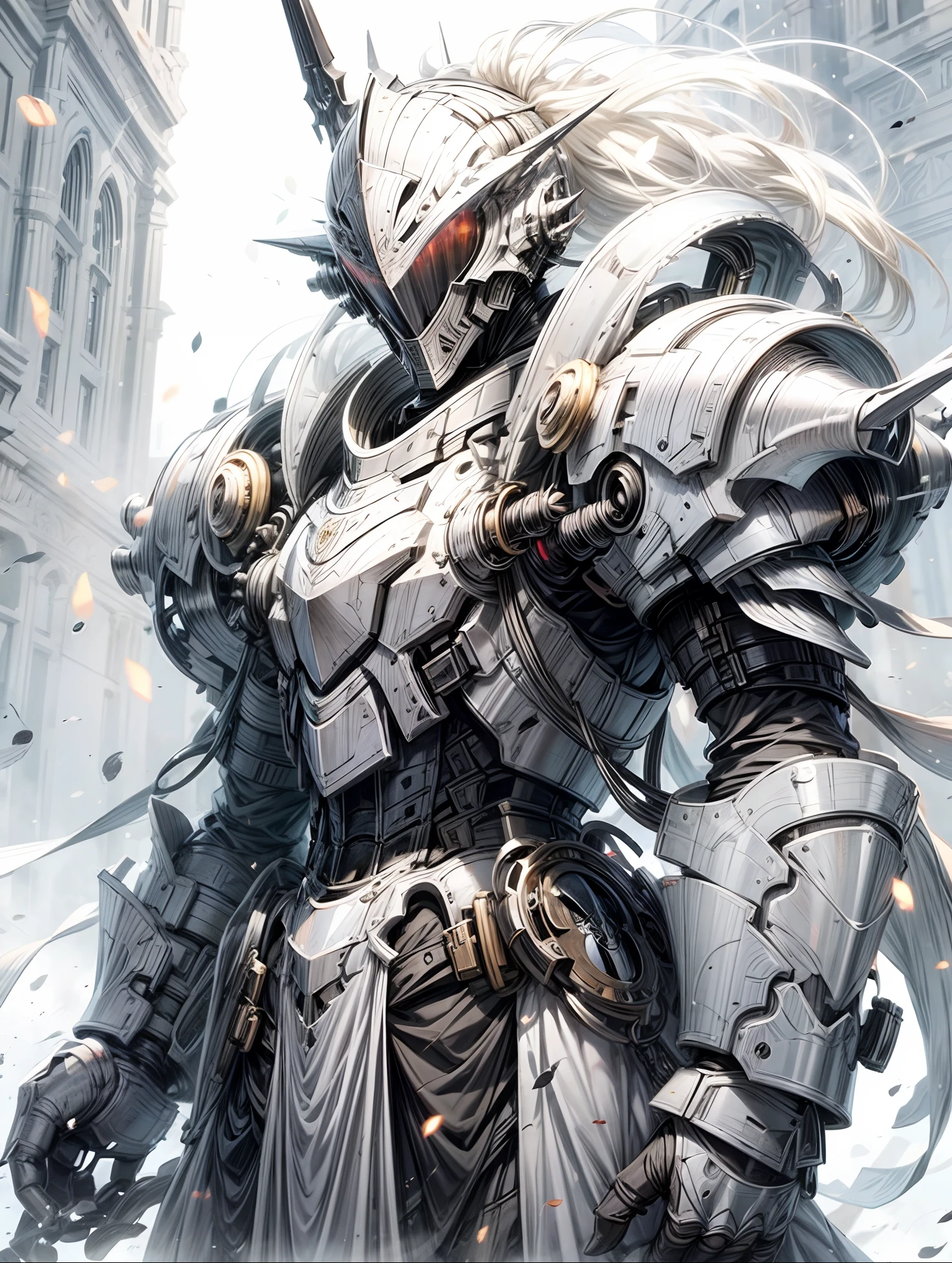 male dieselpunk angel knight in full body beautifully elegant mechanical angel armor, full head helmet with a full face white steel knight visor, bright vibrant eyes, armor is pure white with pale gold accents, armor is gorgeously engraved with art deco patterns that flow down the arms and chest and legs, wide spread beautifully designed white mechanical angel wings, face covered, face hidden behind elegantly beautiful dieselpunk knight helmet visor, upper body portrait, anime art style