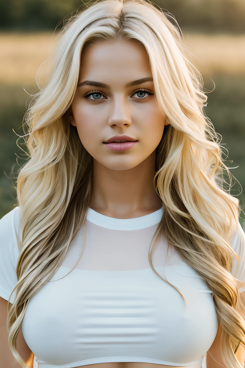 1girl in, , Solo, Long wavy hair, long messy windy blonde hair, looking at camera, o-face, blonde hair, jewelry, Full body, (extremely detailed 8k wallpaper), soft lighting, high quality, film grain, Fujifilm XT3 sharp focus, f 5.6, 50mm, High Detail, Sharp focus,(natural light), (seductive), revealing, Realistic, sexy, tight white t-shirt, large erect nipples, pointy nipples, small breasts:1.5, small tits