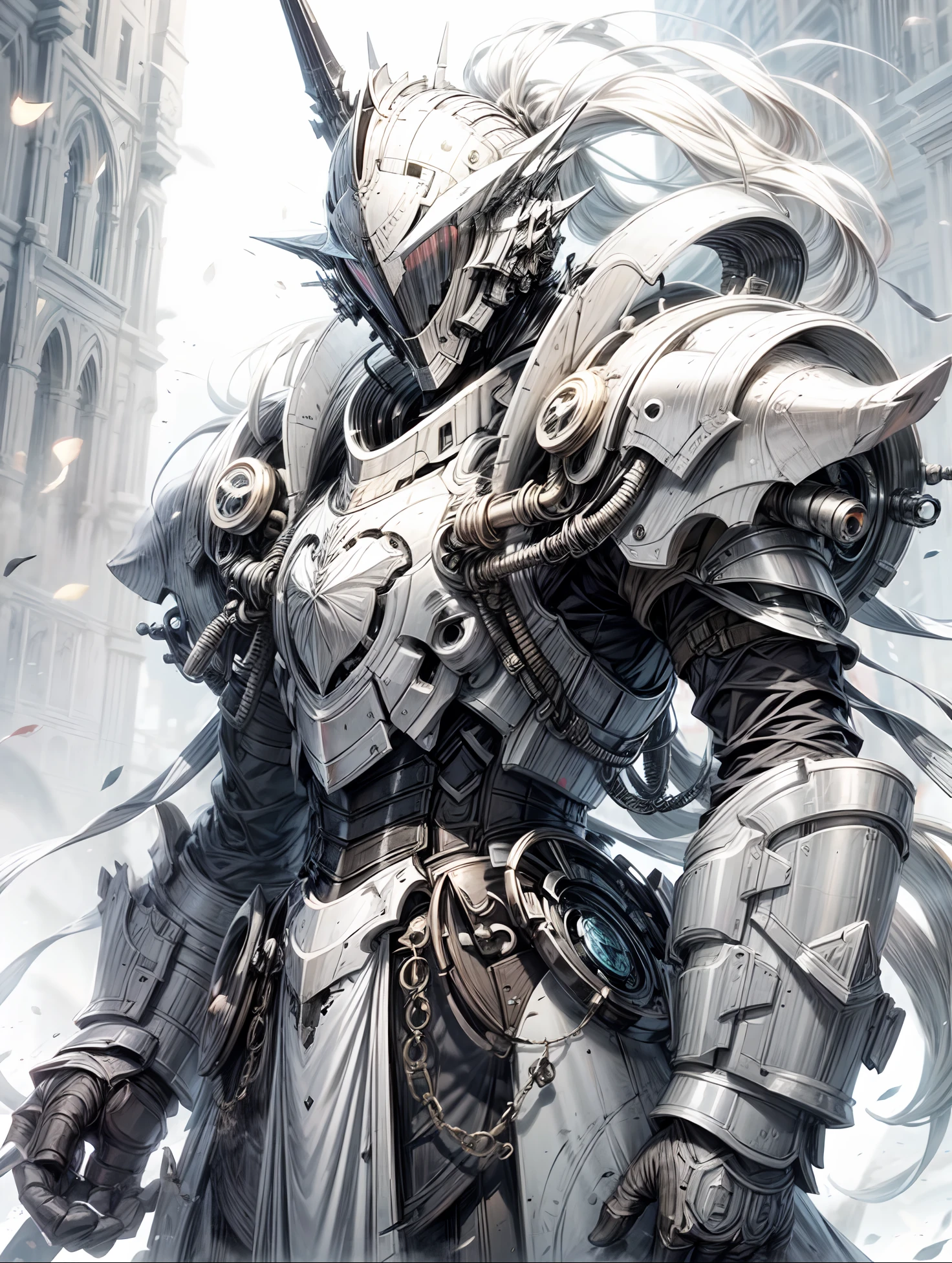 male dieselpunk angel knight in full body beautifully elegant mechanical angel armor, full head helmet with a full face white steel knight visor, bright vibrant eyes, armor is pure white with pale gold accents, armor is gorgeously engraved with art deco patterns that flow down the arms and chest and legs, wide spread beautifully designed white mechanical angel wings, face covered, face hidden behind elegantly beautiful dieselpunk knight helmet visor, upper body portrait, anime art style