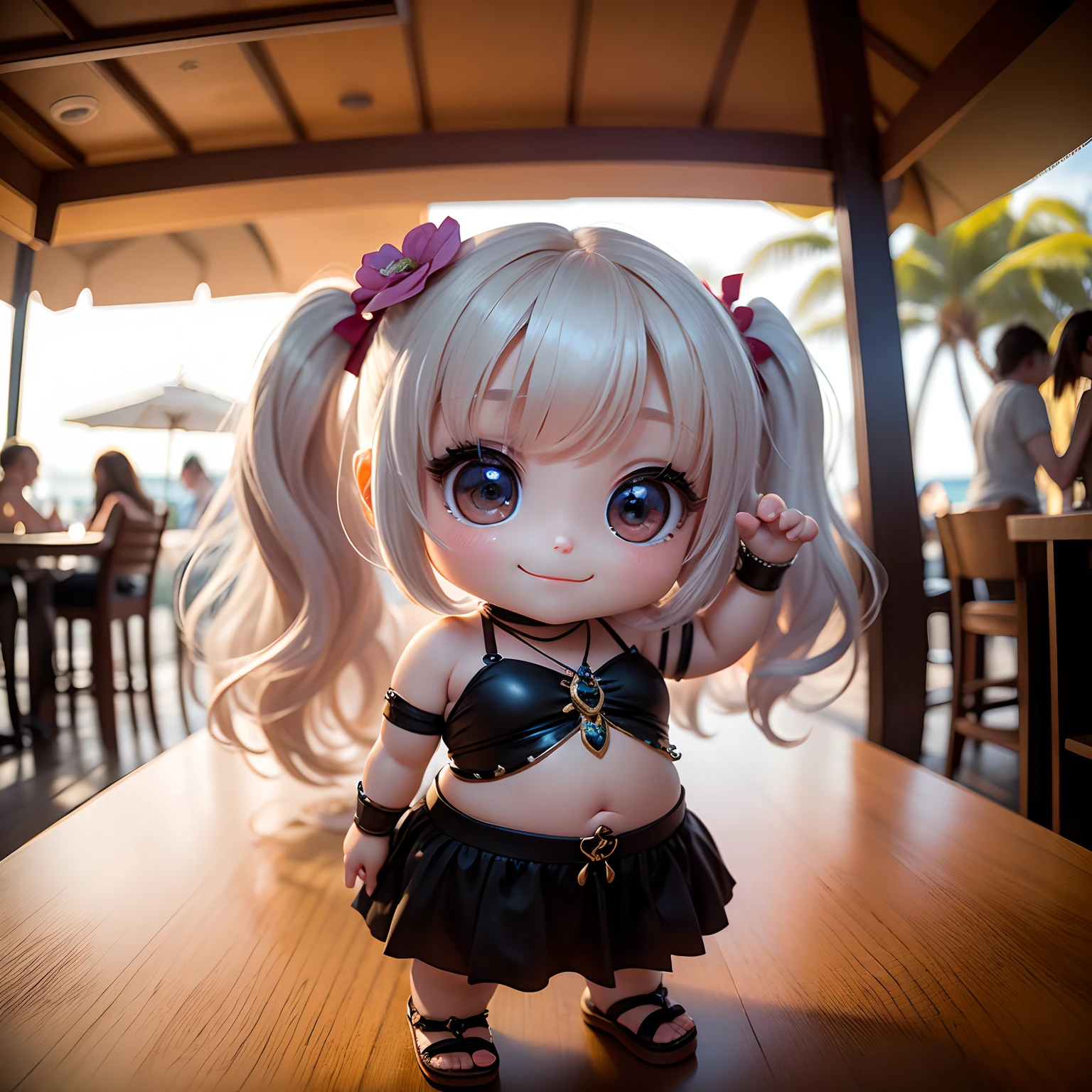 masterpiece、top-quality、ultra-detailliert、(1 daughter of a chibi character:1.3)、Belly Dance Dance Cosplay、Do belly dancing、Waikiki, hawaii、Standing、A smile