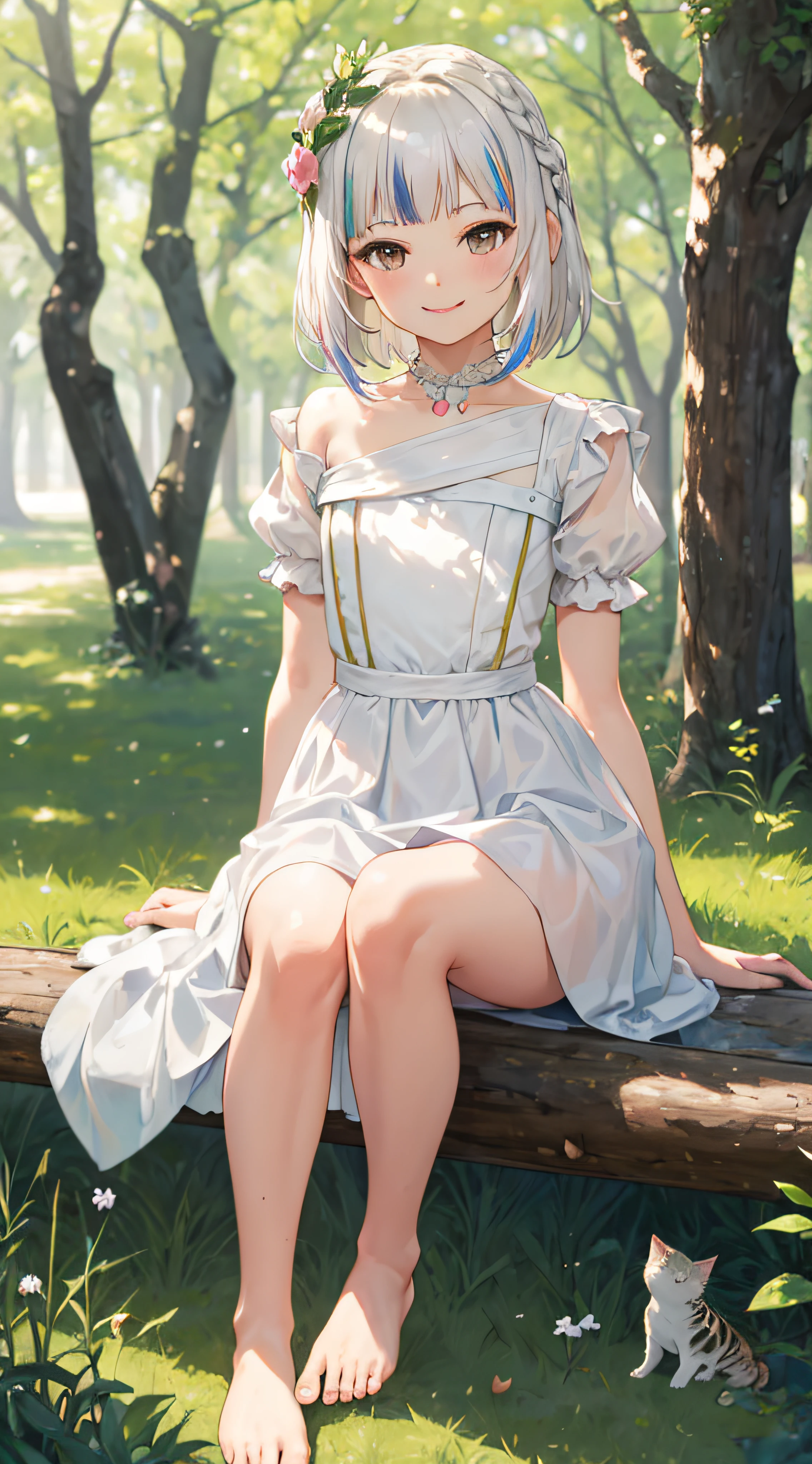 ((Masterpiece,Best quality)),Pink tones，Barefoot， cats，1girll, Solo, Gura_Atlantis, gradient dress, laurel crown, Barefoot, Knees up, dress, Sitting, Short sleeves, view the viewer, Grass, Short hair, Smile, White hair, Puffy sleeves, Outdoors, puffy short sleeves, bangs, on ground, full bodyesbian, Animal, White dress, Sunlight, Brown eyes, Dappled sunlight, day, Depth of field,16K quality，Rich in detail，（realisticlying：1.3）