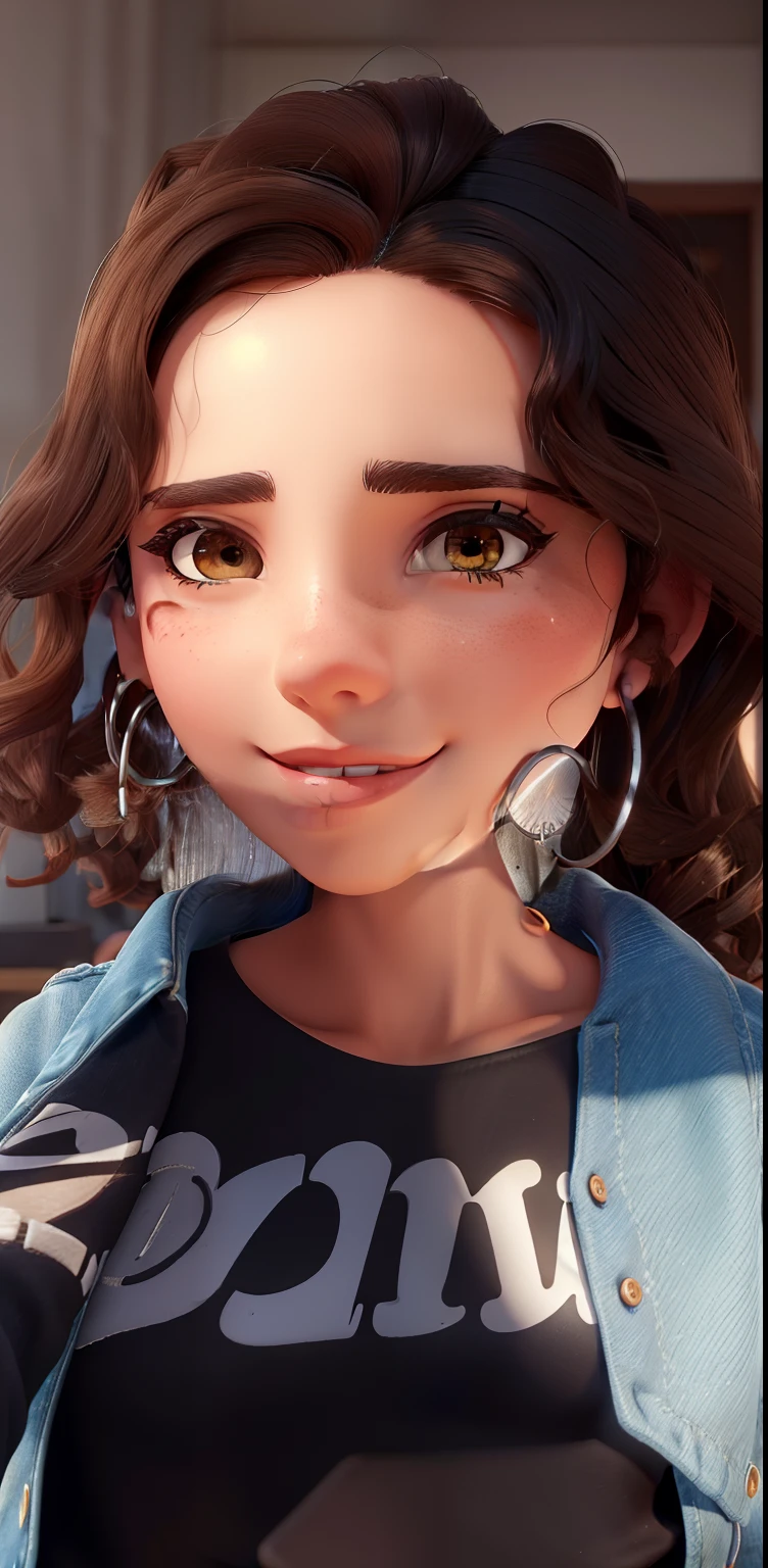Um mulher morena baixinha tenho 1,58 tall has short dark brown hair medium curly light brown eye has well-drawn black eyebrows is wearing silver hoop earring a beautiful mouth is wearing torn blue denim jacket is wearing black and white Mickey blouse is taking a selfie with the red Samsung A20 cell phone I'm 22 years old her name is Larissa is sexy sensual charming beautiful hot perfect Wonderful
