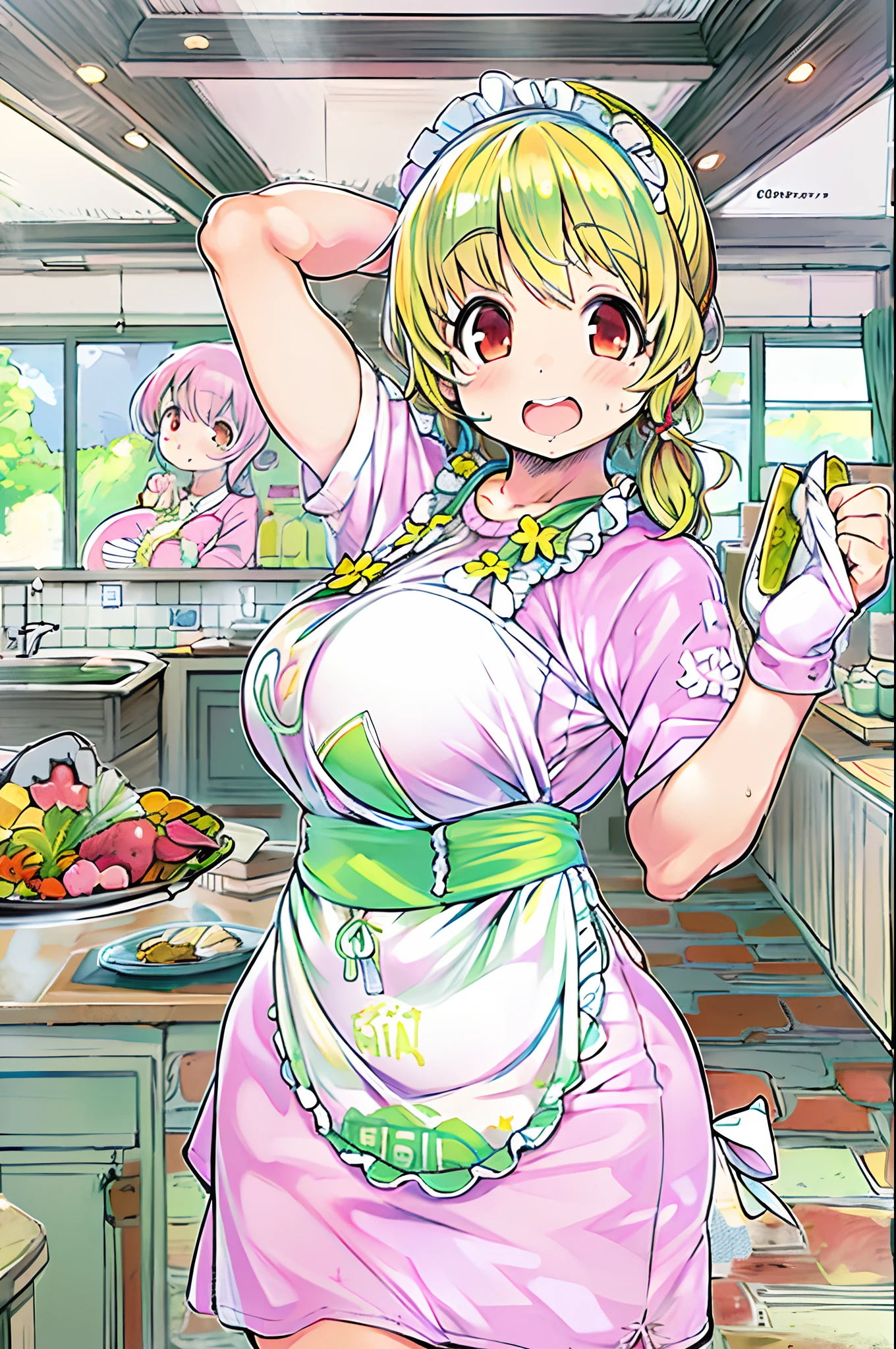 JPNIDOL, 1girl in, masutepiece, High quality, Looking at Viewer,bbw、huge-breasted、entranceway、Wearing an apron、meeting、house wife、mami