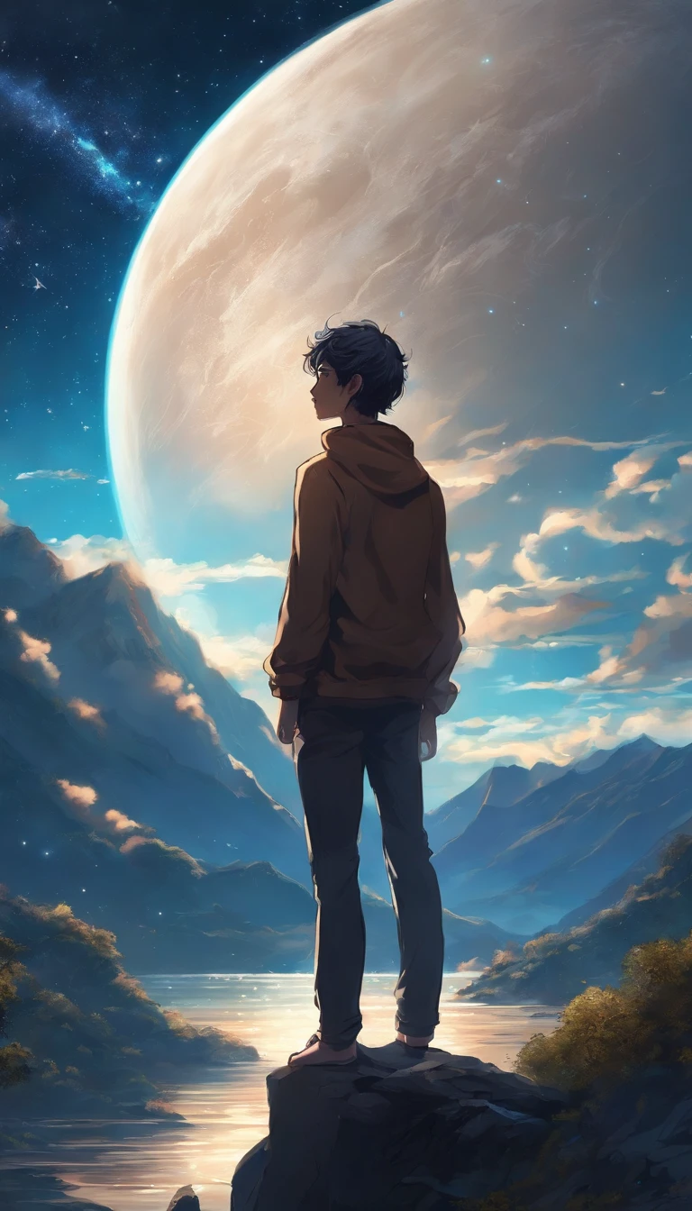 Anime boy standing on a rock looking at the sky full of stars, Makoto Shinkai Cyril Rolando, Anime art wallpaper 4k, Anime art wallpaper 4 K, Anime art wallpaper 8 K, Cosmos Sky. By Makoto Shinkai, Inspired by Cyril Rolando, in the style dan mumford artwork, amazing wallpapers, By Yuumei, White hair