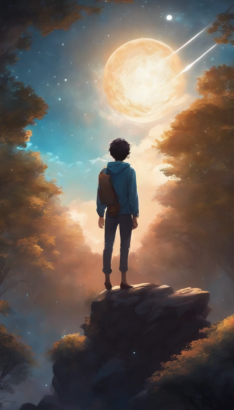 Anime boy standing on a rock looking at the sky full of stars, Makoto Shinkai Cyril Rolando, Anime art wallpaper 4k, Anime art wallpaper 4 K, Anime art wallpaper 8 K, Cosmos Sky. By Makoto Shinkai, Inspired by Cyril Rolando, in the style dan mumford artwork, amazing wallpapers, By Yuumei, White hair