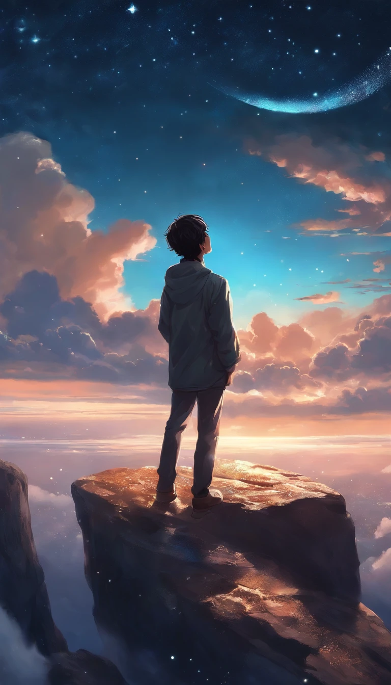 Anime boy standing on a rock looking at the sky full of stars, Makoto Shinkai Cyril Rolando, Anime art wallpaper 4k, Anime art wallpaper 4 K, Anime art wallpaper 8 K, Cosmos Sky. By Makoto Shinkai, Inspired by Cyril Rolando, in the style dan mumford artwork, amazing wallpapers, By Yuumei, White hair