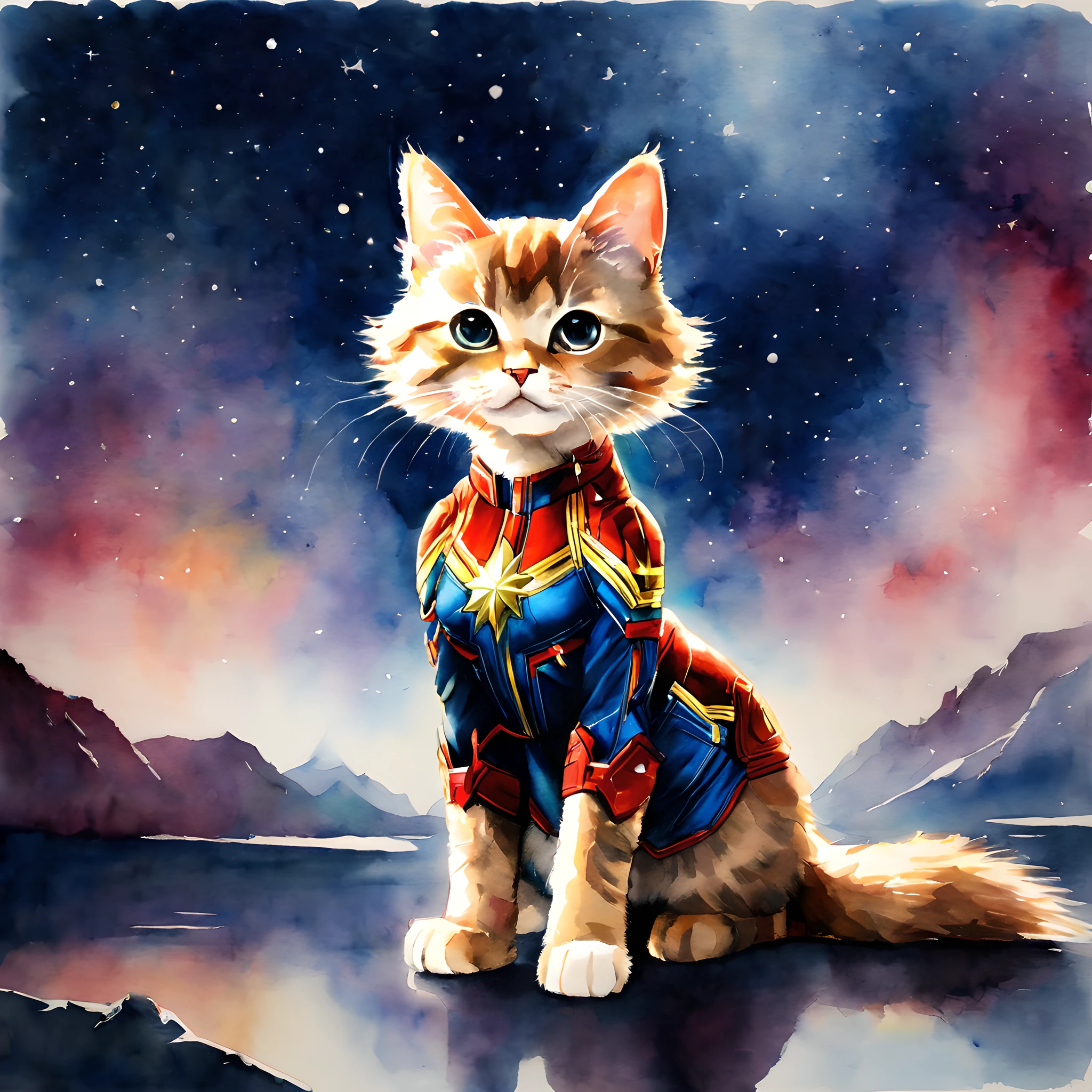 (Goose cat and Captain Marvel:1.5), (Marvel theme:1.5), (ink and watercolor painting:1.5), (Tasteful:1.5), (ink and watercolor painting:1.5), (full color:1.5), 8k, 4k, (landscapes:1.5), (standing at Universe:1.5), (Flerken:1.5),(universe:1.5), (space:1.5),