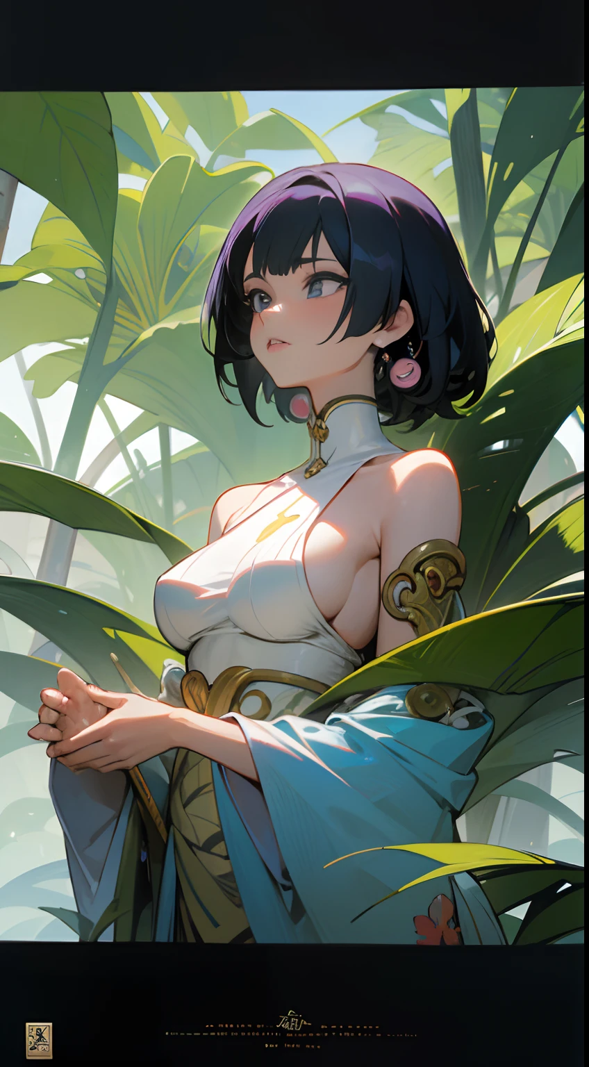 Riyoko Ikeda, Nathan Altman, Surreal, mysterious, bizarre, fantastical, fantasy, Sci-fi, Japanese anime, bookshelf expedition, dream of reason, spiral journey, European avant-garde, beautiful tropical nature girl, perfect voluminous body, indigenous magic and mythology, detailed masterpiece