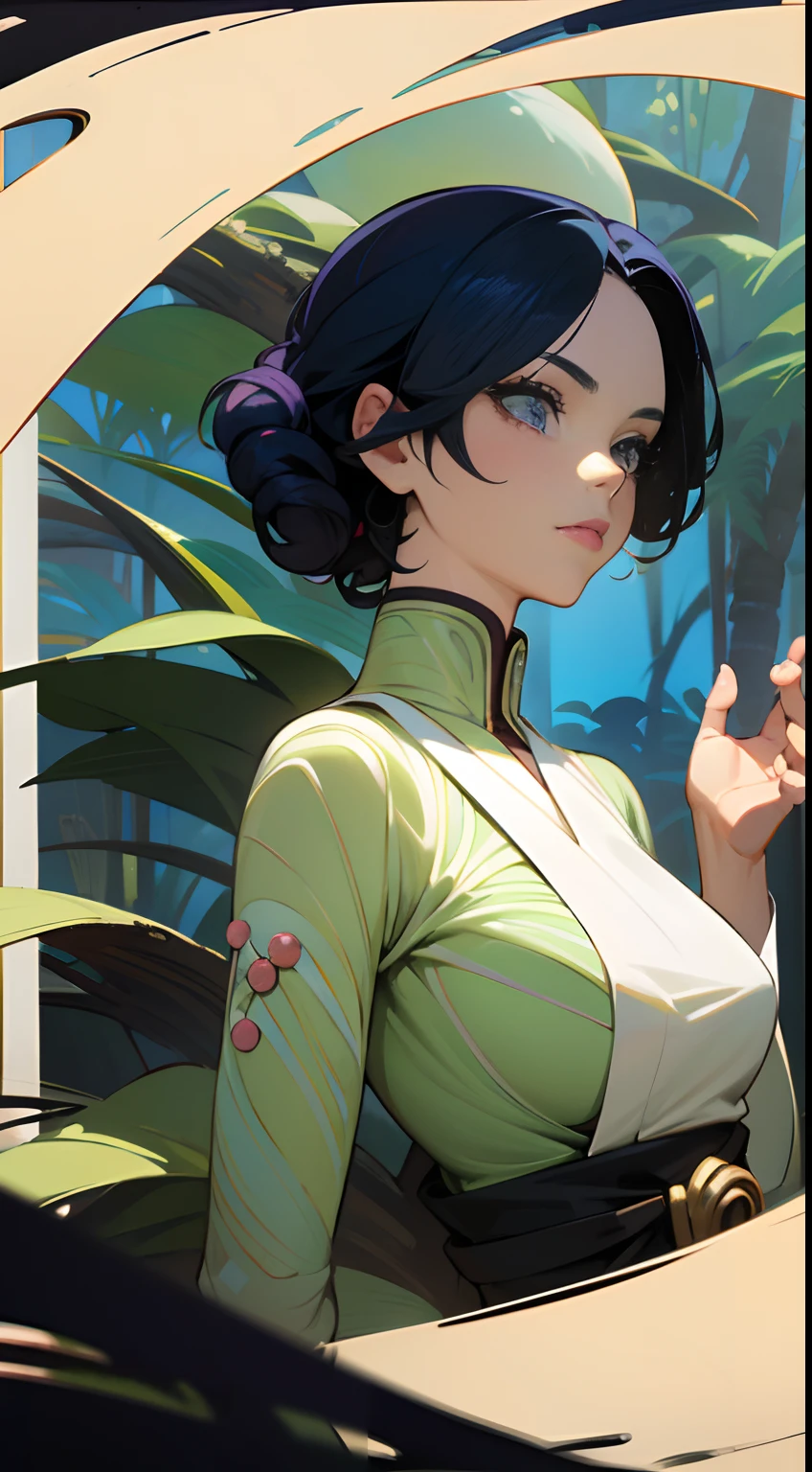 Riyoko Ikeda, Nathan Altman, Surreal, mysterious, bizarre, fantastical, fantasy, Sci-fi, Japanese anime, bookshelf expedition, dream of reason, spiral journey, European avant-garde, beautiful tropical nature girl, perfect voluminous body, indigenous magic and mythology, detailed masterpiece