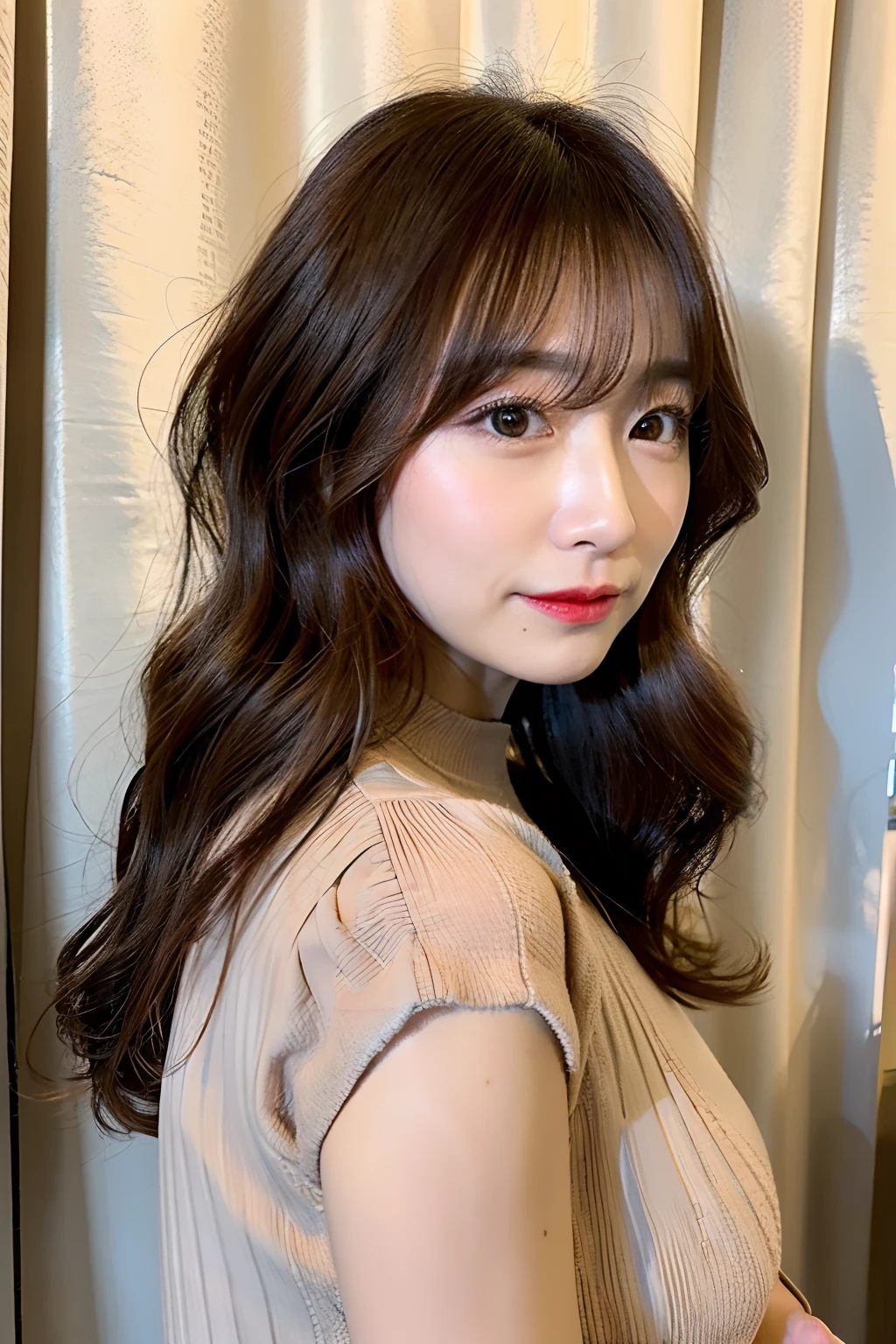 Woman in her early 30s、curtain bangs、dark brown hair、loose wavy hair、Korean Hair