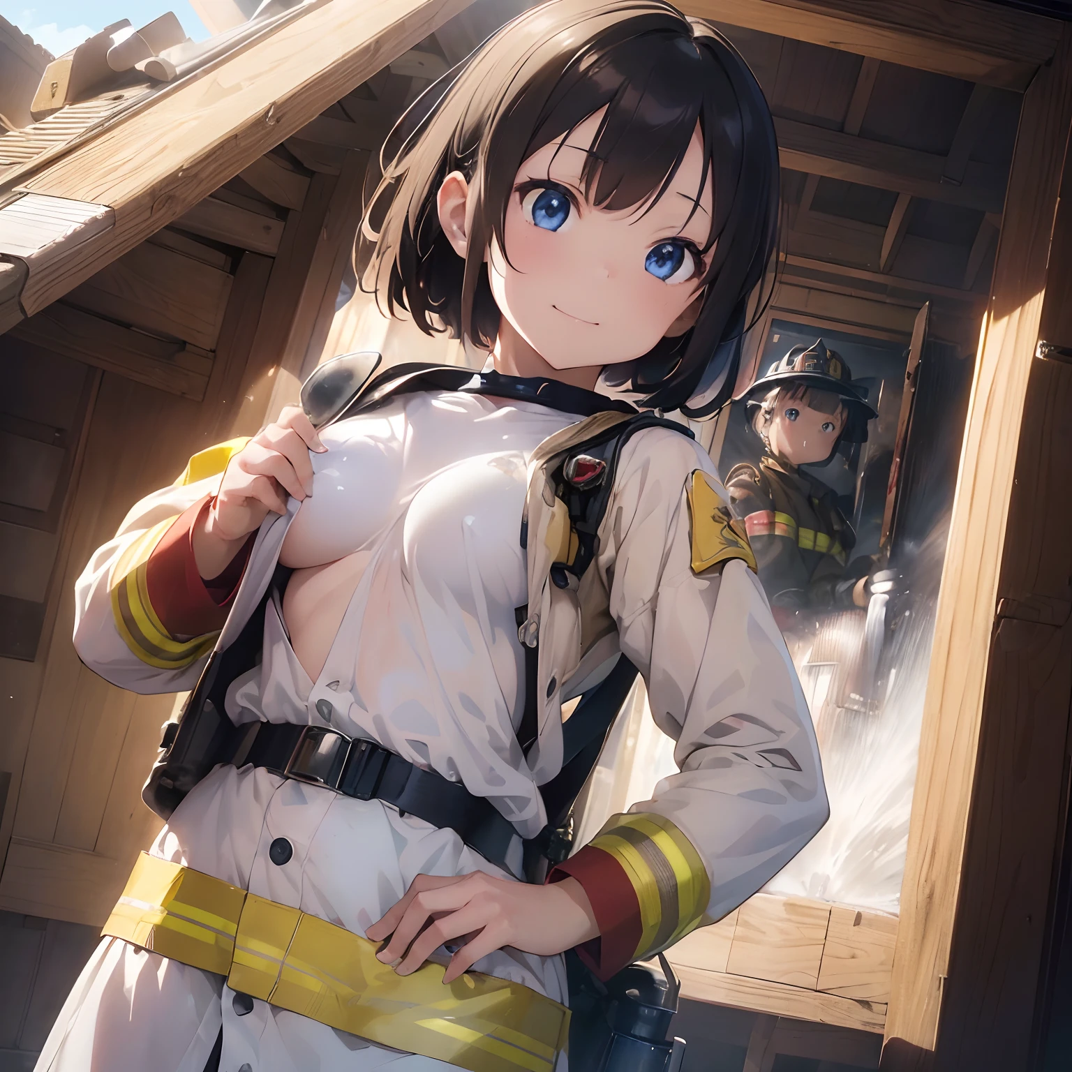 (masutepiece:1.3),(Best Quality:1.3),(超A high resolution:1.3),(4K:1.3),(8K:1.3),(Realistic:1.3),(photographrealistic:1.3),(Hyper realistic:1.3),(Smoother lighting:1.3),(Ultra Detail:1.3),(increase cinematic lighting quality:1.3),(Realistic lighting:1.3),(Increase quality:1.3),(Crisp focus:1.3),(rescue operation:1.3),(disasters:1.3),(In more than one:1.6),(1girl in:1.6),(10 years old:1.3),Surreal Girl,Cute Girl,japanaese girl,pale skin,shiny_skin,No makeup,(Petite:1.6),light brown hair,Very short hair,(Protruding milk:1.3),Smile,beautiful faces detailed,Blue eyes,Beautiful detailed eyes,(Normal breasts),(((Dressing,Firefighter's clothing))),(She is a firefighter..)