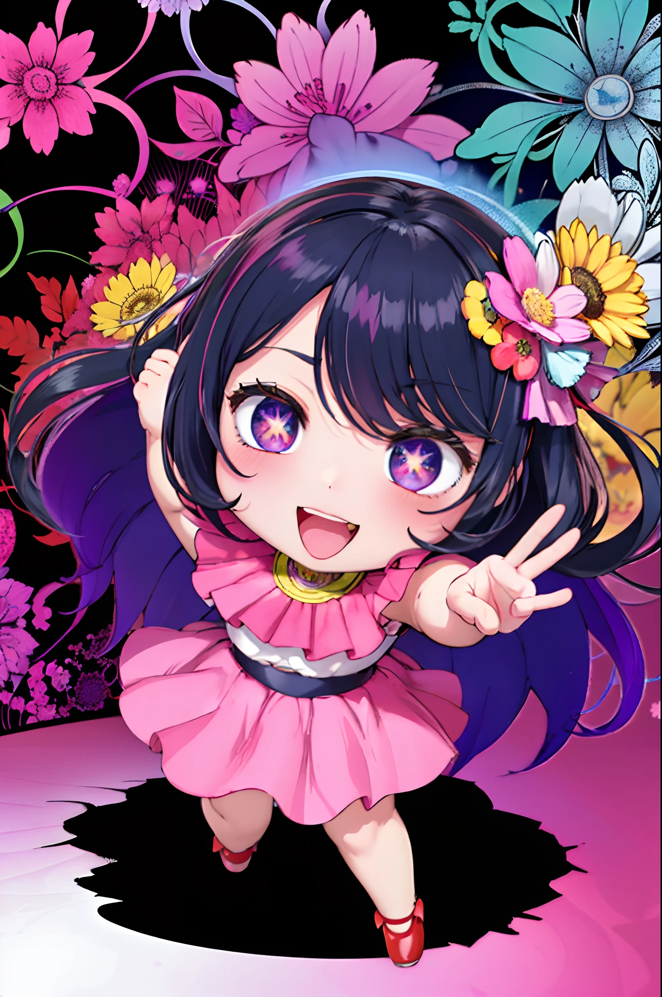 Extremely detailed,(Fractal Art:1.1),(Colorful:1.1)(Flowers:1.3)、(Zentangle:1.2), (Dynamic Pose), (Abstract background:1.3)、(Many colors:1.4)、Place one small doll on a circular stand、kawaii pose、A smile、A dark-haired、Chibi Doll、Stars in the eyes（kirakira）、Singing with microphone in hand、Eye Up、Laugh、Cute red shoes、Ultra Detail, radiant light、bio luminescent、Stronger bokeh effect
