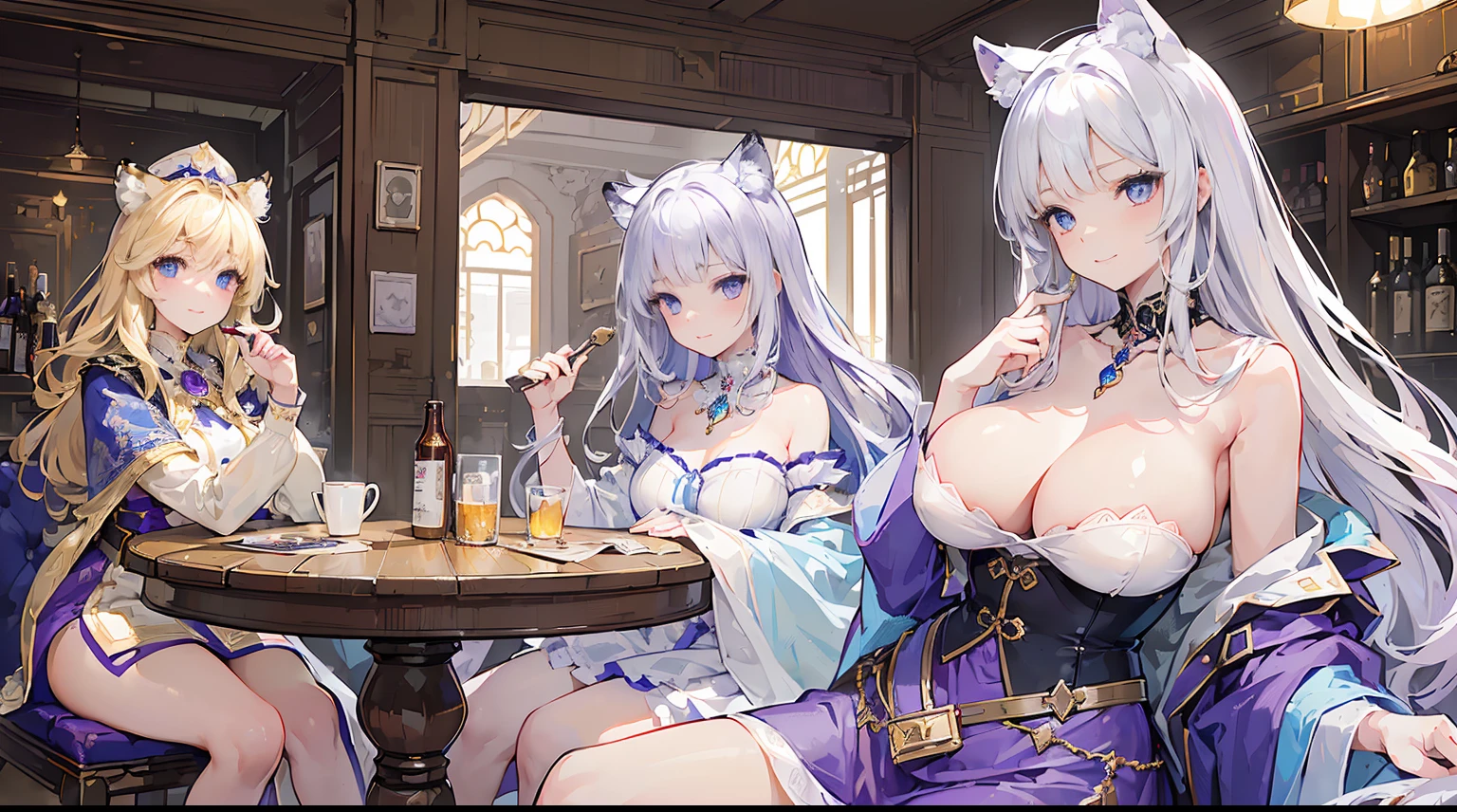 (((Masterpiece))), (Extremely detailed 8k wallpaper),(((Best quality))), ((Ultra-detailed)),(Best illumination, Best shadow), ((An extremely delicate and beautiful)),(Best Illustration),
Two different girls live in a tavern with chairs,
((A girl has one [+++Beautifully detailed face+++]:1.4), (Beautiful and delicate blue eyes:1.2), (Long blonde hair with a hat),[[:,:0.5]::0.8] Smile,An ordinary blonde student，Dressed in a gorgeous explorer costume, He wears a jewel necklace around his neck, It was as if she had just gone through an adventure,  She had a kit in her hand, She carried a cowhide backpack on her back,A happy expression appeared on her face, Smile and look out the window)
((Another girl has one [+++beautifully detailed cute face+++]:1.4), (Beautiful and delicate purple eyes:1.2), (White-haired wolf ears),[[:,:0.5]::0.8] , Young, 9 , cute big breasts, Tiger Tooth wears a princess dress)
The girls live in the tavern, sit on chair, Lively, There are many beer glasses on the table, and the lively streetscape of the bustling city outside