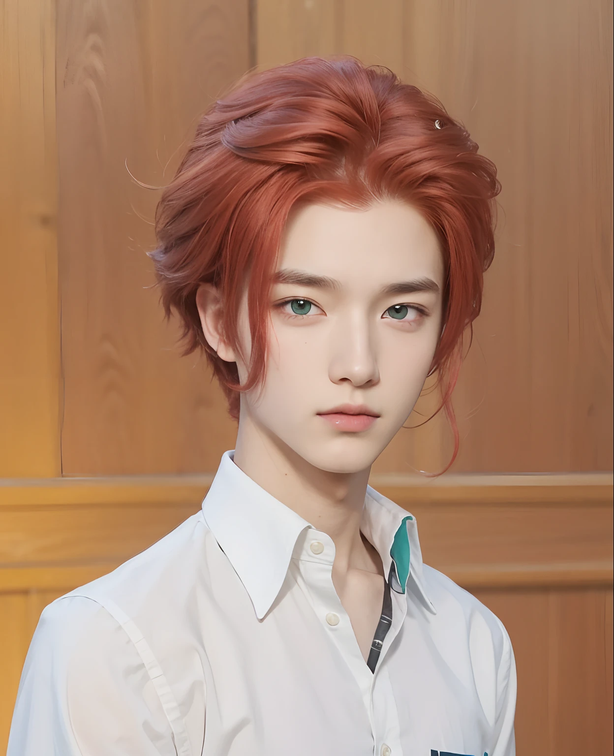 A teenage boy with realistic red hair, exactly the same hairstyle, realistic green eyes, Realistic Korean handsome face, realistic cool expression, adapt Exactly the same clothes, realistic white shirt,Realistic light, realistic shadows, realistic background,The hair style is exactly the same as realistic, the hair color is pink realistic