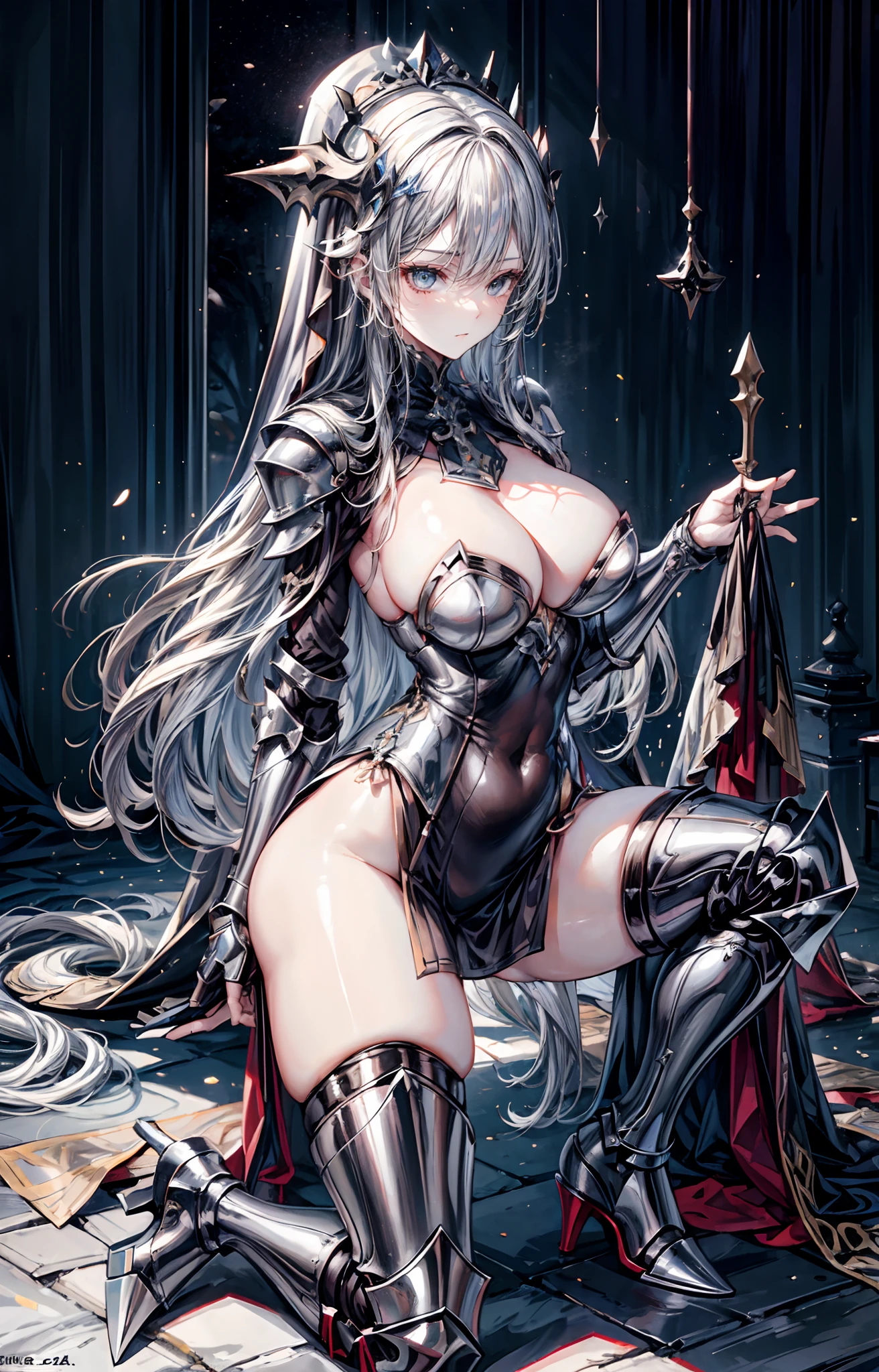 lewd nun，Wear an iron mask+，Long flowing blonde hair,（Wear an iron mask：2.0）and armor，(Kneeling pose，point you by ass)Metal heels，Wearing an iron mask and armor，Long face，Long face，Long face shape