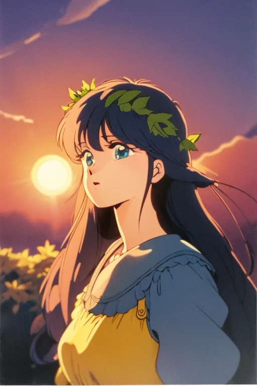 madoka, 20-year-old woman in Ukrainian costume、Blue eyes with a wreath on the wreath head of the corolla、Blue eyes on background、a river、blue open sky、Realistic illustration of bright sunset in the afternoon, dskbnbk,