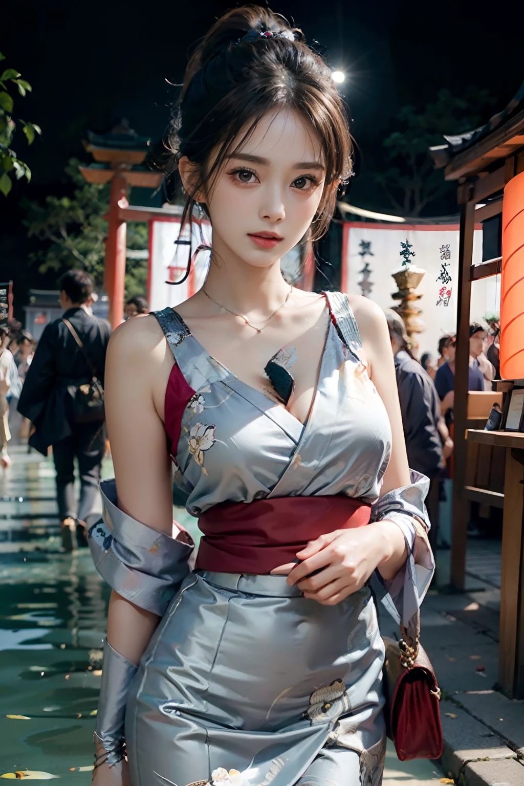 电影灯光,(((tmasterpiece))), ((best qualtiy)), ((intricate and detailed)), ((Ultra-realistic realism)), 4K,1beautiful woman, 25-years old, poneyTail,Ultra-fine yukata,美丽的面容,Beautiful brown eyes,face perfect,A slender,large full breasts,having a good time, Large fishbowl , Swirling flocks of goldfish, Floating goldfish, Graphic illustration, see fishes swimming,A lot of goldfish, amazing depth, Cutest, Lots of fish balls,Goldfish scooping at a summer festival, (The background is the summer festival of the shrine:1.4), Silver hair, split ponytail, star-shaped pupils, conceptual art, Art Nouveau, Glowing light, nffsw, Textured skin, masutepiece, Anatomically correct, Best Quality, 8K