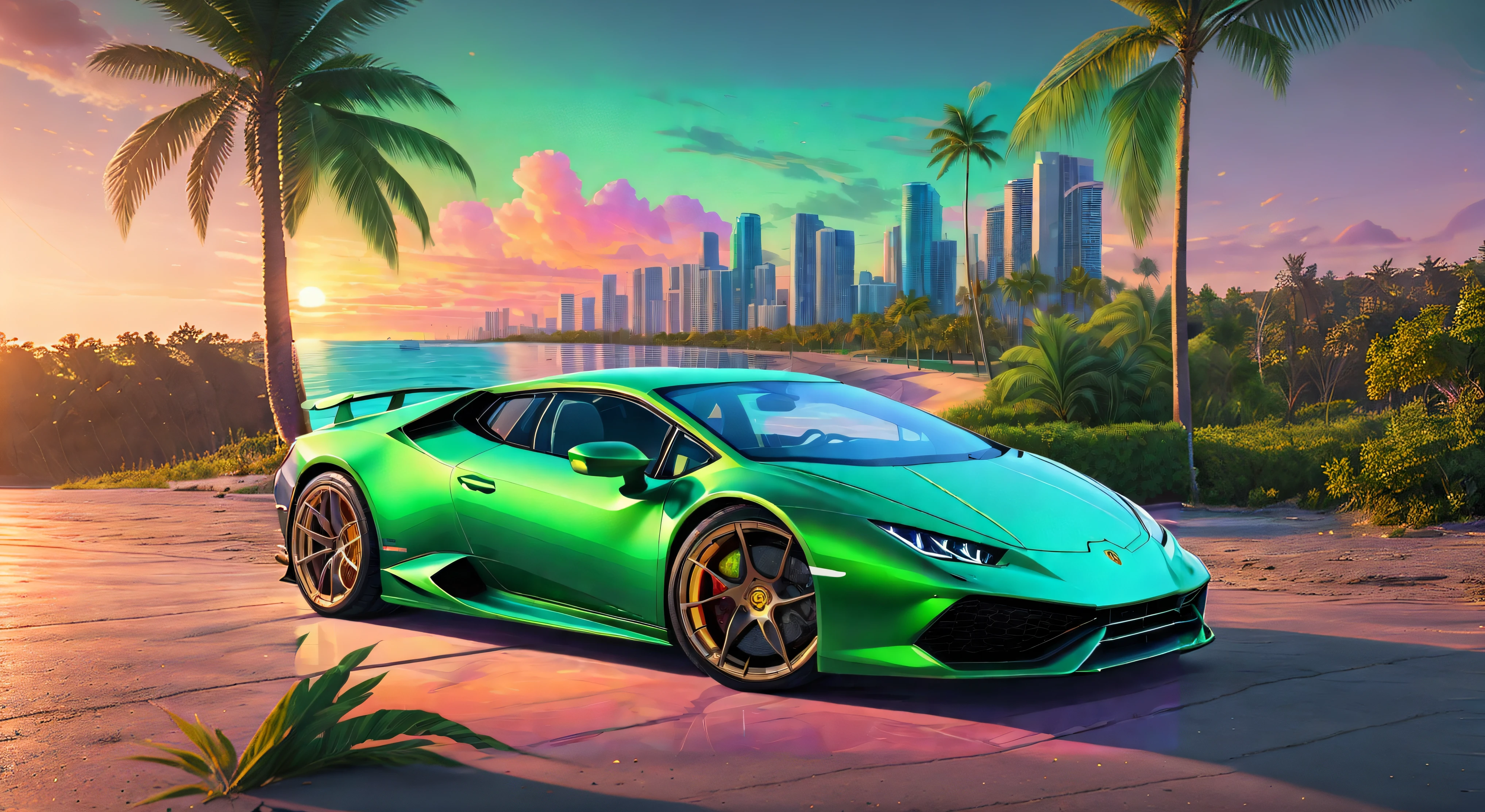 a green lamborghini huracan car parked on a street in Miami City next to a palm tree, amazing 4 k, wallpaper  highly detailed realistic illustration, 4k wonderful sunset sky in neon colors , vector style sky highly detailed,  3d digital art, 4 k hd wallpaper very detailed,, 4k detailed digital art, gta art style artworks