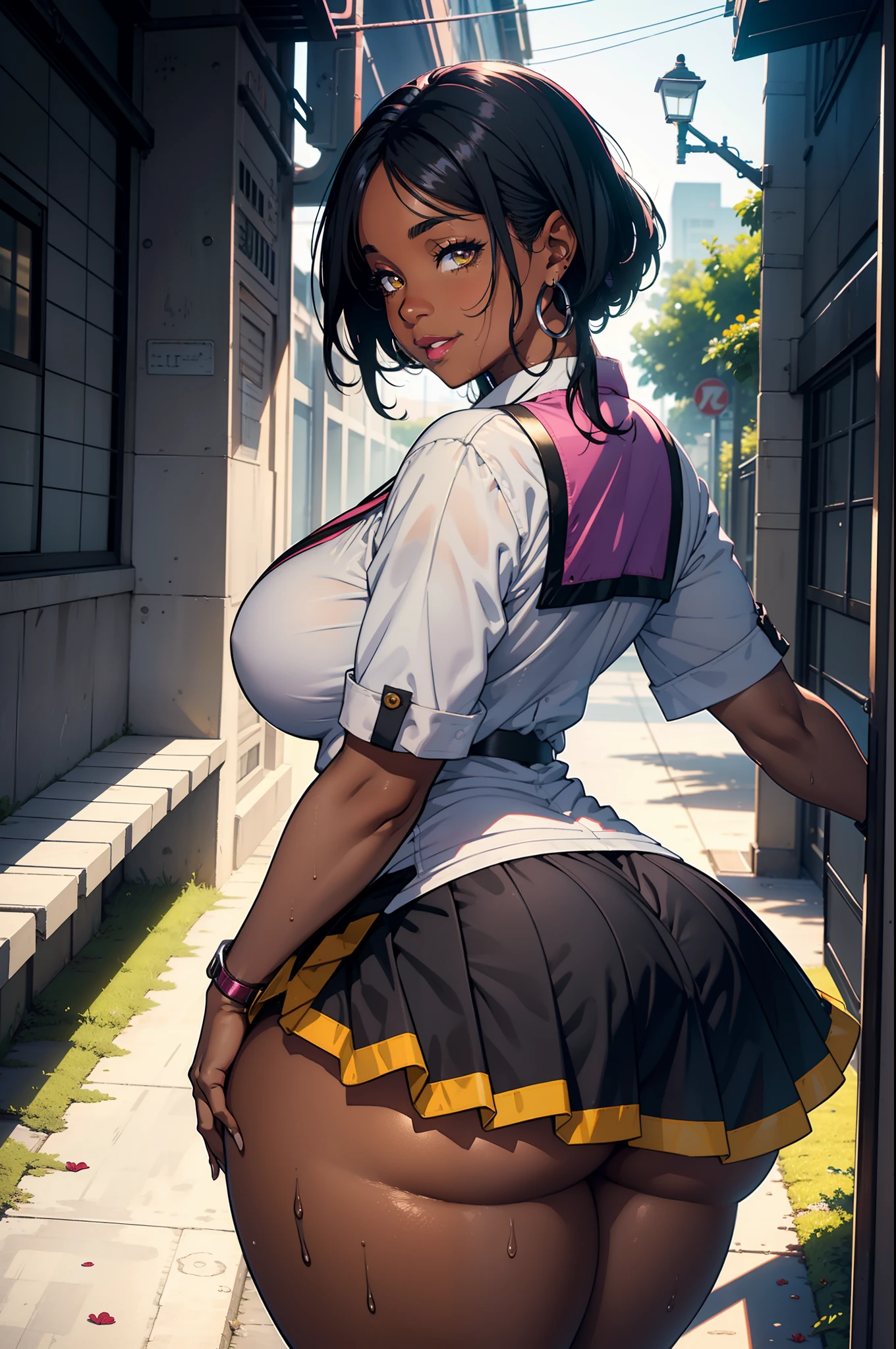 Best quality, solo mature woman, giant breasts, giant pov ass, very curvy, dark skin, dyed straight black hair, vibrant yellow eyes, full lips, seductive, smiling, wet school girl uniform, school girl skirt, silver hoops, hibiscus flower, bimbo, thick thighs, curvy physique,