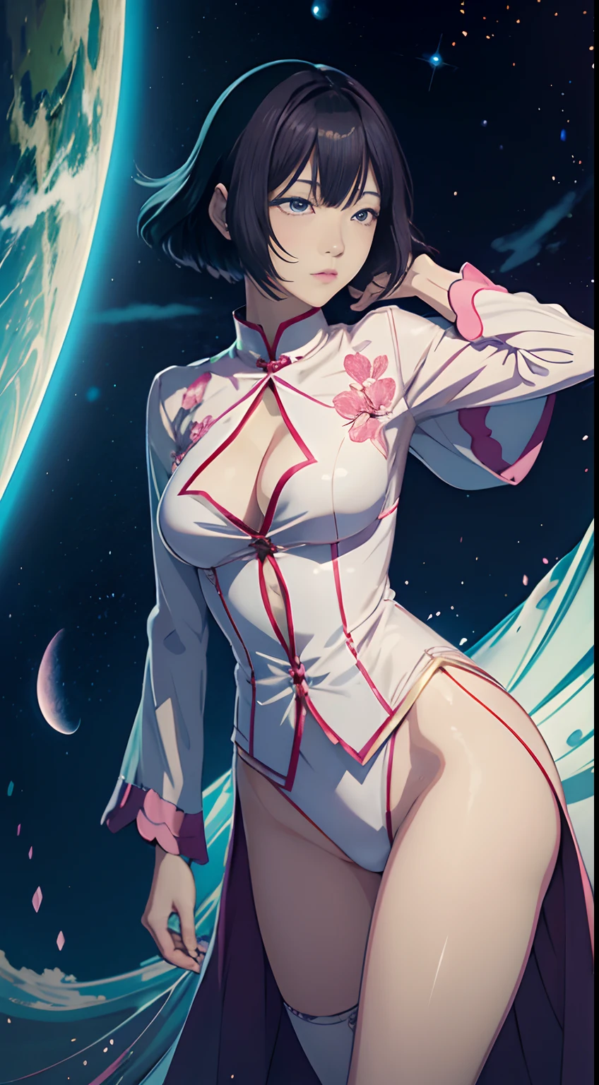 Katsura Hoshino, George Barbier, Gentarō Komaki, Surreal, mysterious, bizarre, fantastical, fantasy, Sci-fi, Japanese anime, a still point in a rotating world, a beautiful girl in sleepwalking pajamas, perfect voluminous body, a journey with a telescope, detailed masterpiece depth of field cinematic lighting