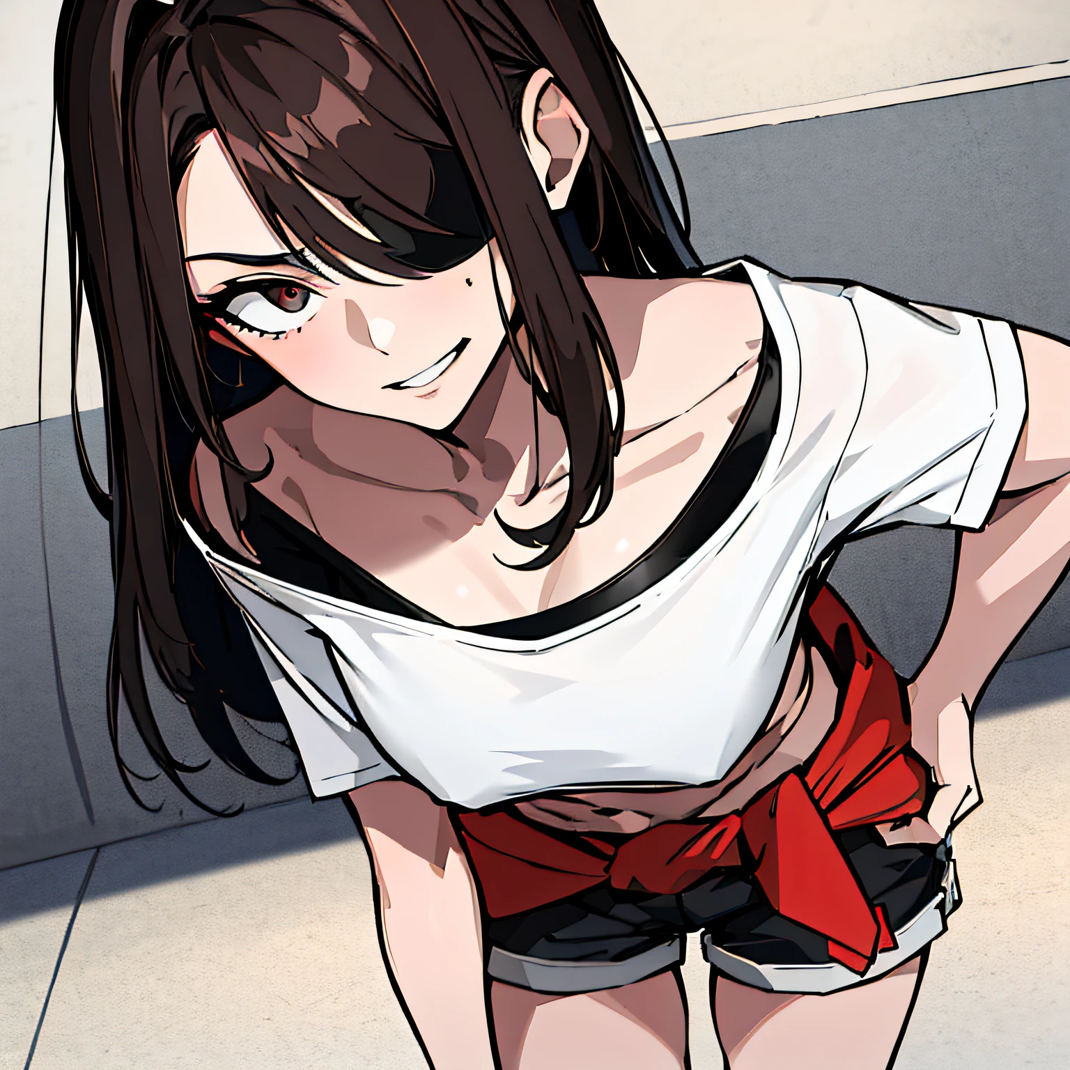 (absurdres, 8k, 4k, masterpiece, hyper extreme detailed:1.2), solo, 1girl, front view, portrait, best quality, expressive eyes, perfect face, 1girl, portrait, solo, standing, Female, toned body, mature female, small breasts, pale, hair covering one eye, dark brown hair, long hair, eyepatch, sarcastic, snarky, soldier, adult, hazel eyes, shorts, delinquent, sarcastic, white jacket tied around waist, graphic t-shirt, smirk, crazy eyes, messy hair, swept bangs, midriff, hand on head, hand on shoulder, exposed collarbone, exposed left shoulder,