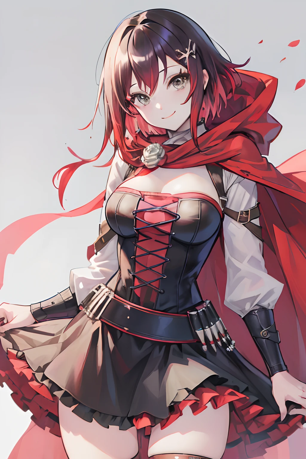 (masutepiece, Best Quality:1.2), Solo, 1girl in, Mistral Rose, Smile, Looking at Viewer, Dress, corsets, red cape, thighs thighs thighs thighs