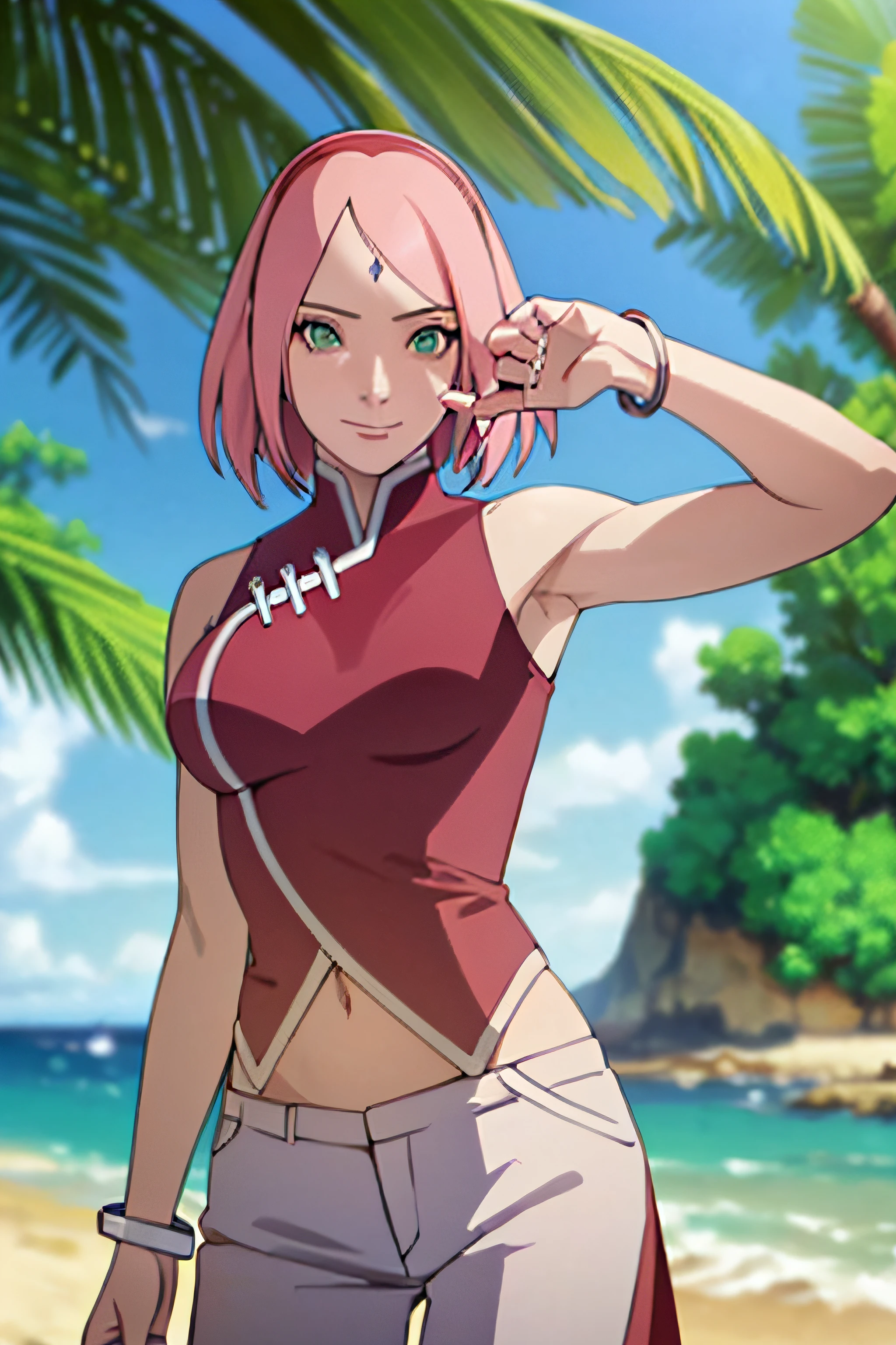 masterpiece, 1k, portrait, face shot, professional artwork, detailed beach background, intricate details, colorful, digital blending, (ultra detailed body, ultra detail hair, ultra detail face), trending on pixiv, kind smile, very hot color, best quality, anime style: 1.9, 1girl, hires, haruno sakura, (forehead mark, milf, red hairband, pale skin, short hair, ((red sleeveless dress), white pants), navel, groin, bracelet, pink hair, (ultra detailed green eyes), smile, beach, wind, floating hair, detailed arms, off-shoulders, slightly muscular arms, (dirty armpits), standing)