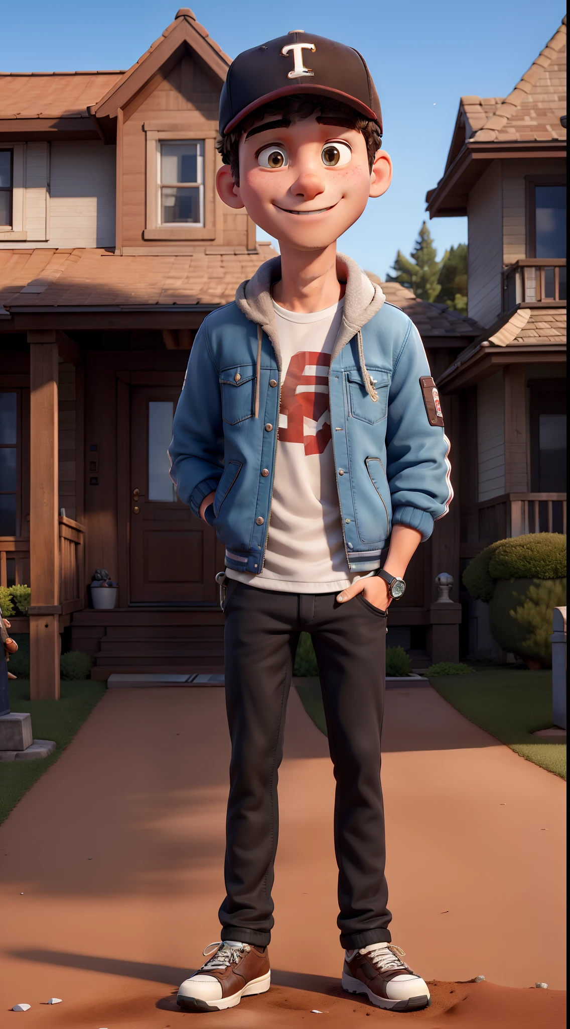 tmasterpiece,The best quality,A young man in a baseball cap,Wear a jacket and jacket,Stand in front of the house