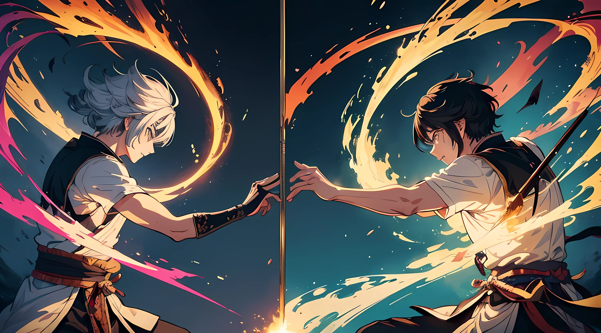 (2 man) historic samurai duel, (epic duel, fighting each other), (highly detailed, eyes finely detailed), (half body:0.6), battle with magical aura, magical particles, magical atmosphere, colorful swirling portal, dark magic, masterpiece, high-resolution, masterpiece, top-quality, detailed, High resolution illustration.