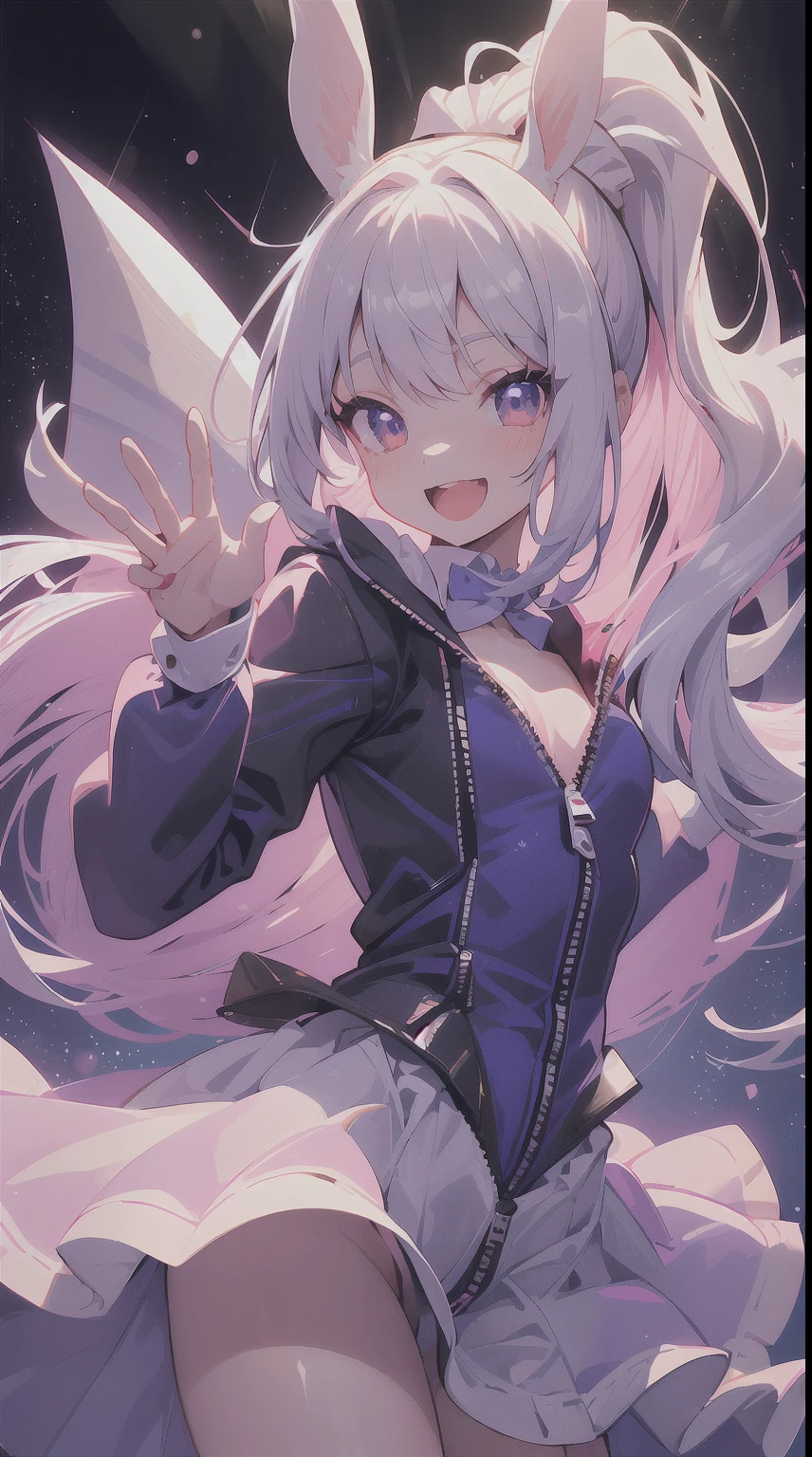 1 rabbit girl, iolite eyes, rabbit ears, rabbit tail, (smile:1.1), ponytail, open mouth, corsage, (full-length zipper kigurumi:1.1), waving, jumping, holding microphone, stage, depth of field, sharp focus, looking at viewer, cowboy shot, By Yusuke Murata