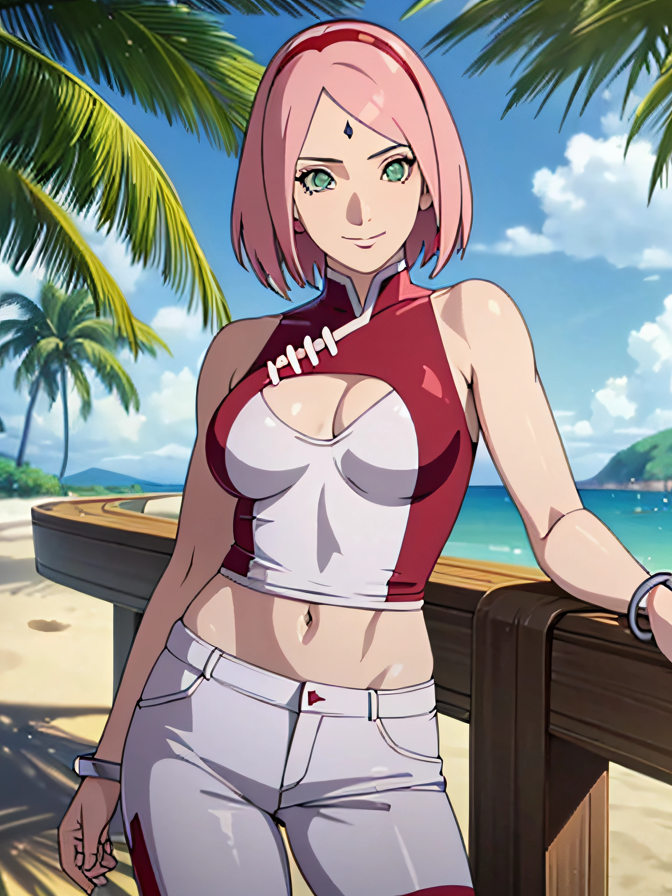 masterpiece, 1k, portrait, face shot, professional artwork, detailed beach background, intricate details, colorful, digital blending, (ultra detailed body, ultra detail hair, ultra detail face), trending on pixiv, kind smile, very hot color, best quality, anime style: 1.9, 1girl, hires, haruno sakura, contrasty lighting, (forehead mark, milf, red hairband, pale skin, short hair, ((red sleeveless dress), white pants), navel, groin, bracelet, looking at viewer, crossed arms, pink hair, green eyes, smile, beach, wind, floating hair, detailed arms, off-shoulders, slightly muscular arms, standing), sunnyday