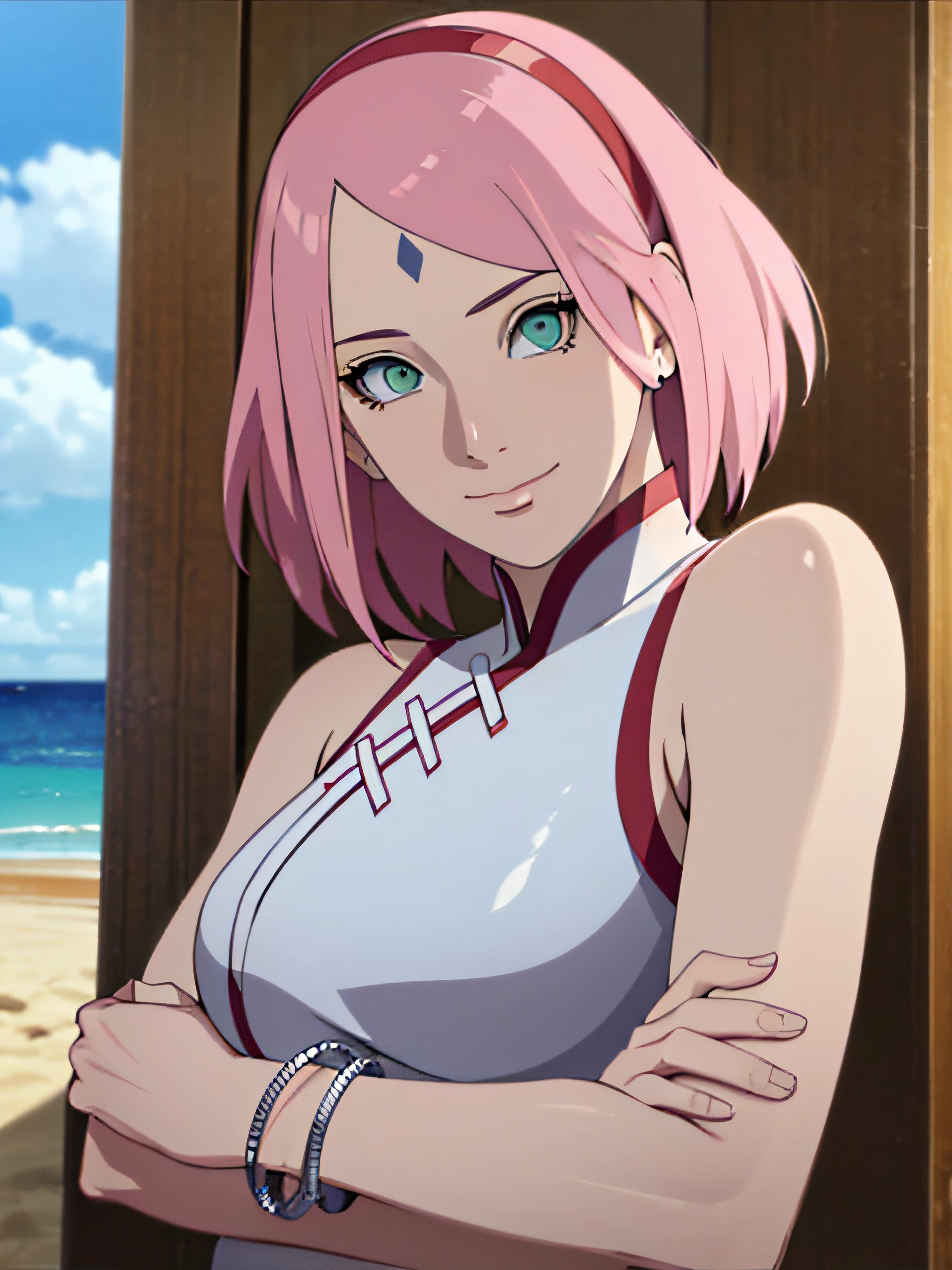 masterpiece, 1k, portrait, face shot, professional artwork, detailed beach background, intricate details, colorful, digital blending, (ultra detailed body, ultra detail hair, ultra detail face), trending on pixiv, kind smile, very hot color, best quality, anime style: 1.9, 1girl, hires, haruno sakura, contrasty lighting, (forehead mark, milf, red hairband, pale skin, short hair, ((red sleeveless dress), white pants), navel, groin, bracelet, looking at viewer, crossed arms, pink hair, green eyes, smile, beach, wind, floating hair, detailed arms, off-shoulders, slightly muscular arms, standing), sunnyday