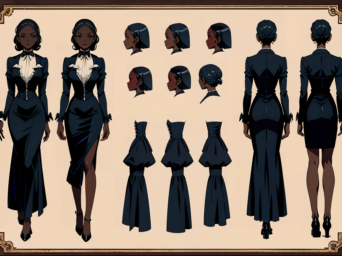 A girl, 1girl, dark skin, full body, front full body view, character sheet, back full body view, vintage horror, 1940s, shapes, gothic, vintage, sexy, anime style, (clear background:1.0),(( consistent character))