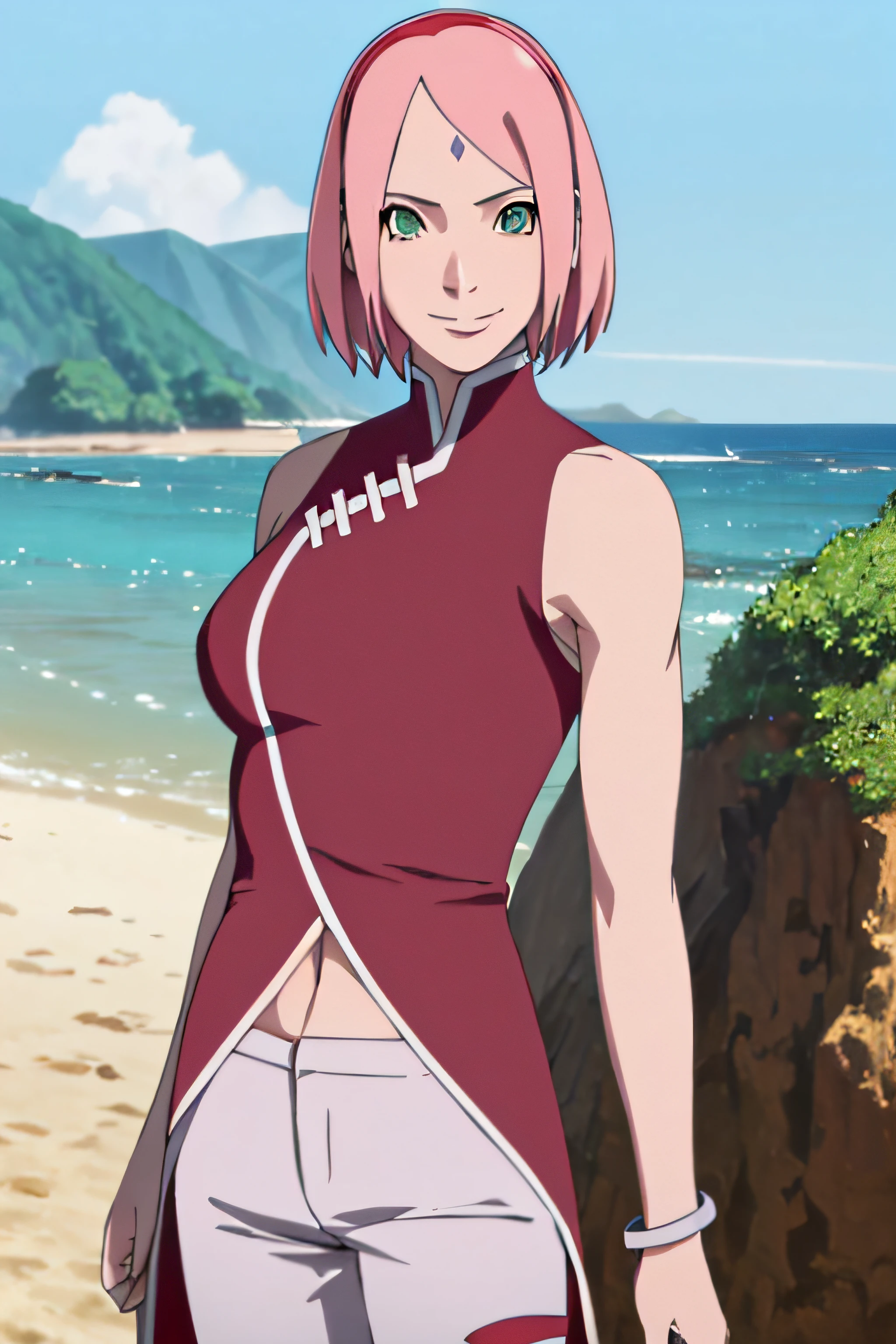 masterpiece, 1k, portrait, face shot, professional artwork, detailed beach background, intricate details, colorful, digital blending, (ultra detailed body, ultra detail hair, ultra detail face), trending on pixiv, kind smile, very hot color, best quality, anime style: 1.9, 1girl, hires, haruno sakura, (forehead mark, milf, red hairband, pale skin, short hair, ((red sleeveless dress), white pants), navel, groin, bracelet, pink hair, (ultra detailed green eyes), smile, beach, wind, floating hair, detailed arms, off-shoulders, slightly muscular arms, (dirty armpits), standing)