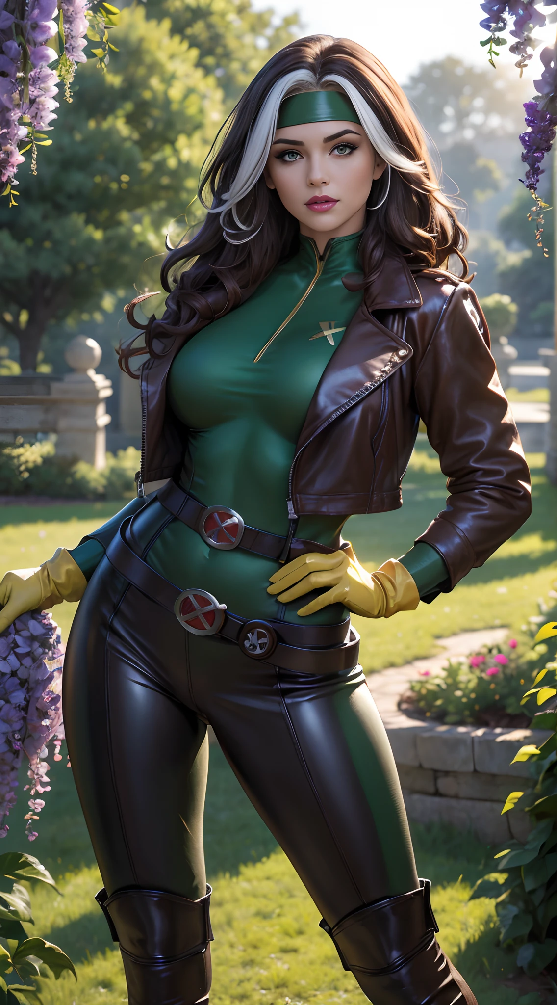 (masterpiece:1.0), (best_quality:1.2), Classic Rogue, 1991 Rogue X-Men, 1girl, Only, full body view, facing the viewer, hand on hips, legs parted, confident stance, proud stance, medium length hair, brown hair, wavy hair, one lock of white hair, green headband, green eyes, mischievous look, parted lips, curvy figure, large breasts, lipstick, makeup, brown leather jacket, gloves, loose belt, skin-tight miniskirt, open jacket, ankle boots, Looking down at the Viewer, sunlight, sunrays, light source from the side, (realism: 1.5), (Realistic: 1.4), (Absurdity:1.4), 8k, ultra-detailed, Detailed Beautiful Woman, (only:1.4), 1girl, background of garden, stone walls and pathways, wisteria trees, outside of mansion, official art, extremely detailed CG unity 8k wallpaper, perfect lighting, Colorful, ultra high res, photography, 8K, HDR, Kodak portra 400, film grain, blurry background, (bokeh:1.2), lens flare, (vibrant_color:1.2), professional photograph