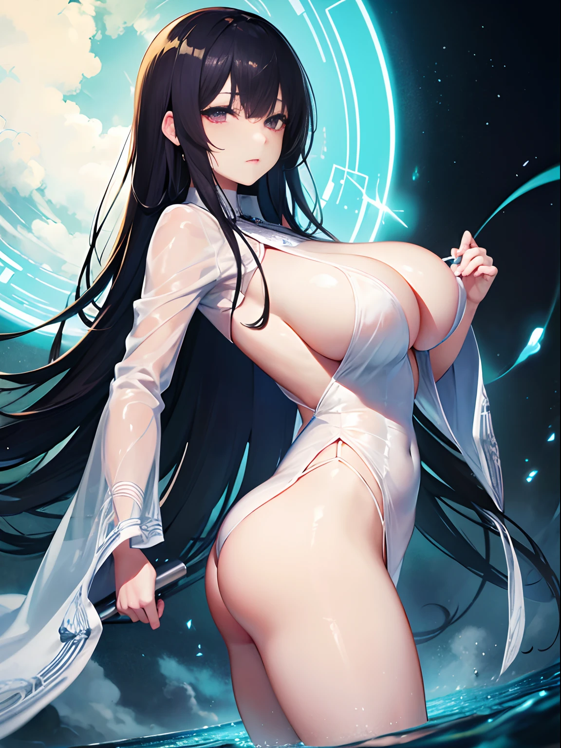Katsura Hoshino, George Barbier, Gentarō Komaki, Surreal, mysterious, bizarre, fantastical, fantasy, Sci-fi, Japanese anime, a still point in a rotating world, a beautiful girl in sleepwalking thin transparent pajamas, huge tits areola nipple hard, wide hip big ass wet wet wet, perfect voluminous body, a journey with a telescope, detailed masterpiece depth of field cinematic lighting erotic provocative