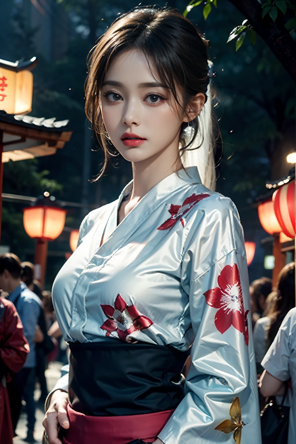 电影灯光，(((tmasterpiece))), ((best qualtiy)), ((intricate and detailed)), ((Ultra-realistic realism)), 4K,1beautiful woman, 25-years old, poneyTail,Ultra-fine yukata,美丽的面容,Beautiful brown eyes,face perfect,A slender,large full breasts,having a good time, Large fishbowl , Swirling flocks of goldfish, Floating goldfish, Graphic illustration, see fishes swimming,A lot of goldfish, amazing depth, Cutest, Lots of fish balls,Goldfish scooping at a summer festival, (The background is the summer festival of the shrine:1.4), Silver hair, split ponytail, star-shaped pupils, conceptual art, Art Nouveau, Glowing light, nffsw, Textured skin, masutepiece, Anatomically correct, Best Quality, 8K