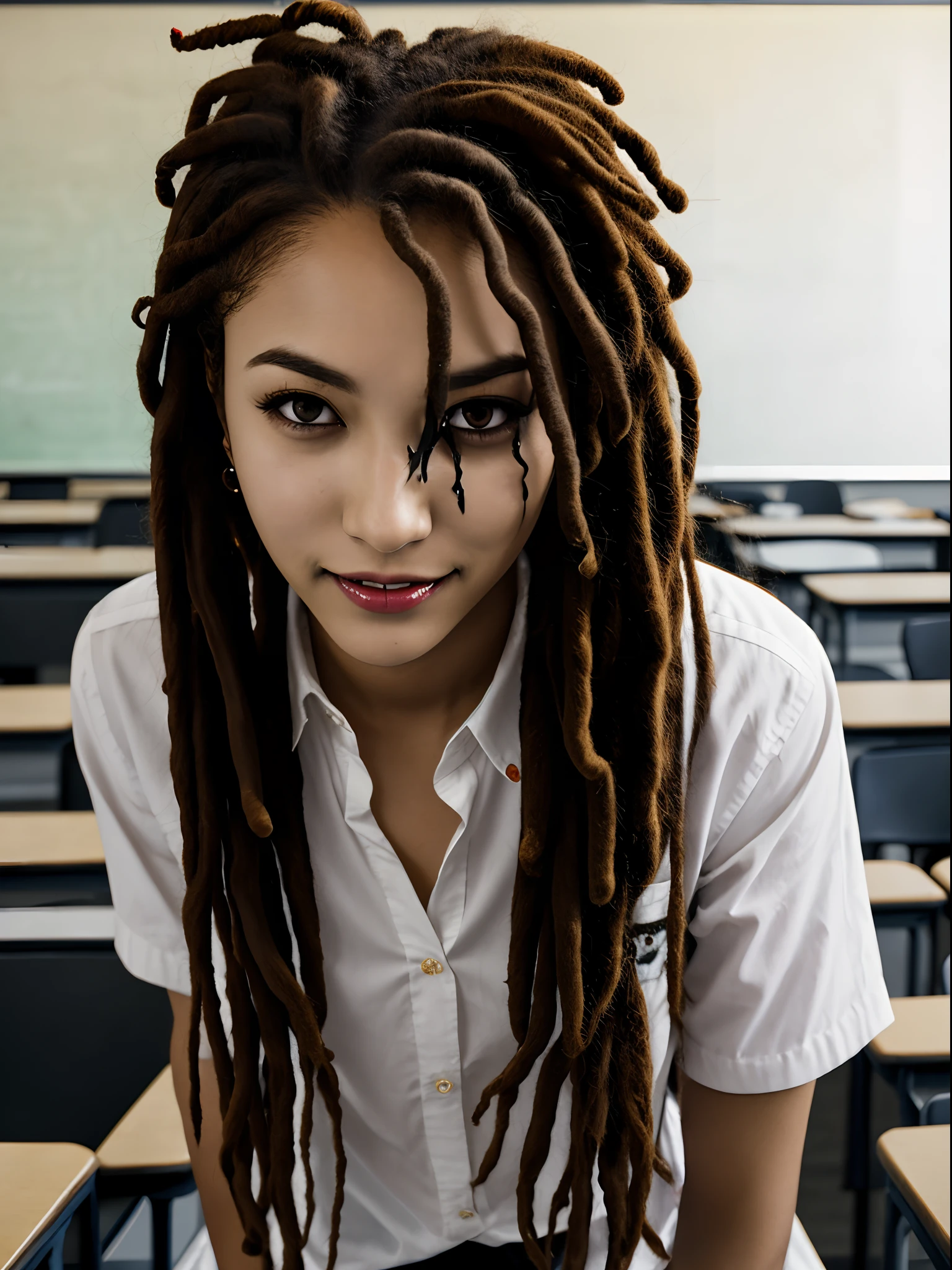 brown skin , black and blonde dreads , fangs,one ghoul eye from tokyo ghoul in a half empty classroom