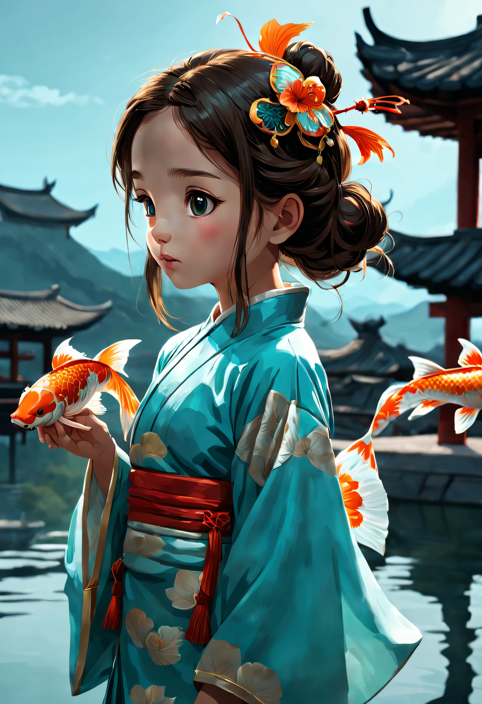 A *********** in a cyan costume looks at the sky，dark brown  hair，Wear a koi hair ornament，The expression is serious，Chinese ancient style，hand painted style，Side view，Cinematic lighting, Chiaroscuro, in a panoramic view, Best quality