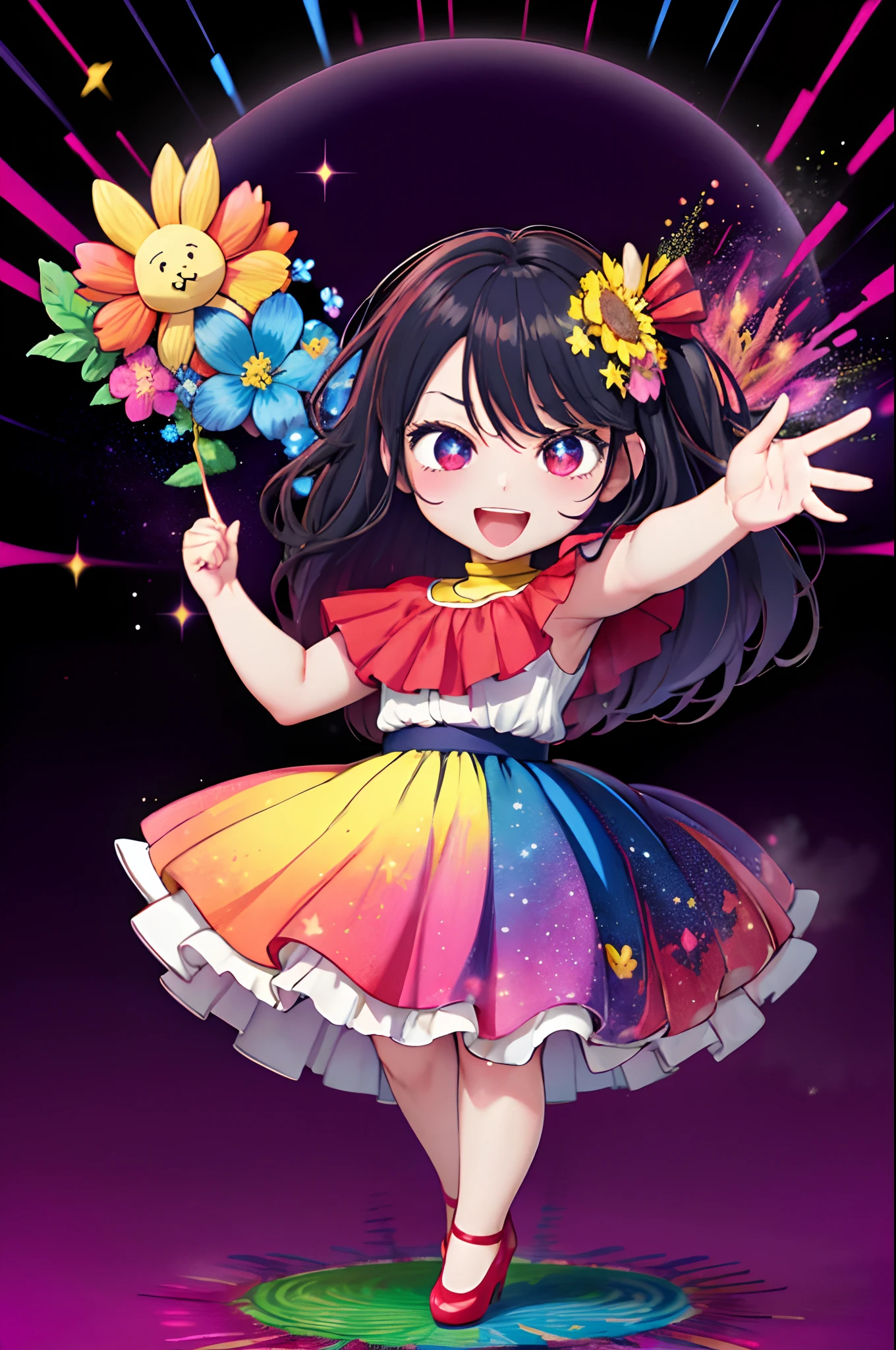 Extremely detailed,(Fractal Art:1.1),(Colorful:1.1)(Flowers:1.3)、 (Dynamic Pose), (Abstract background:1.3)、(Many colors:1.4)、Place one small doll on a circular stand、kawaii pose、A smile、A dark-haired、Chibi Doll、Stars in the eyes(kirakira)、Singing with microphone in hand、Eye Up、Laugh、Cute red shoes、Ultra Detail, radiant light、bio luminescent、Stronger bokeh effect